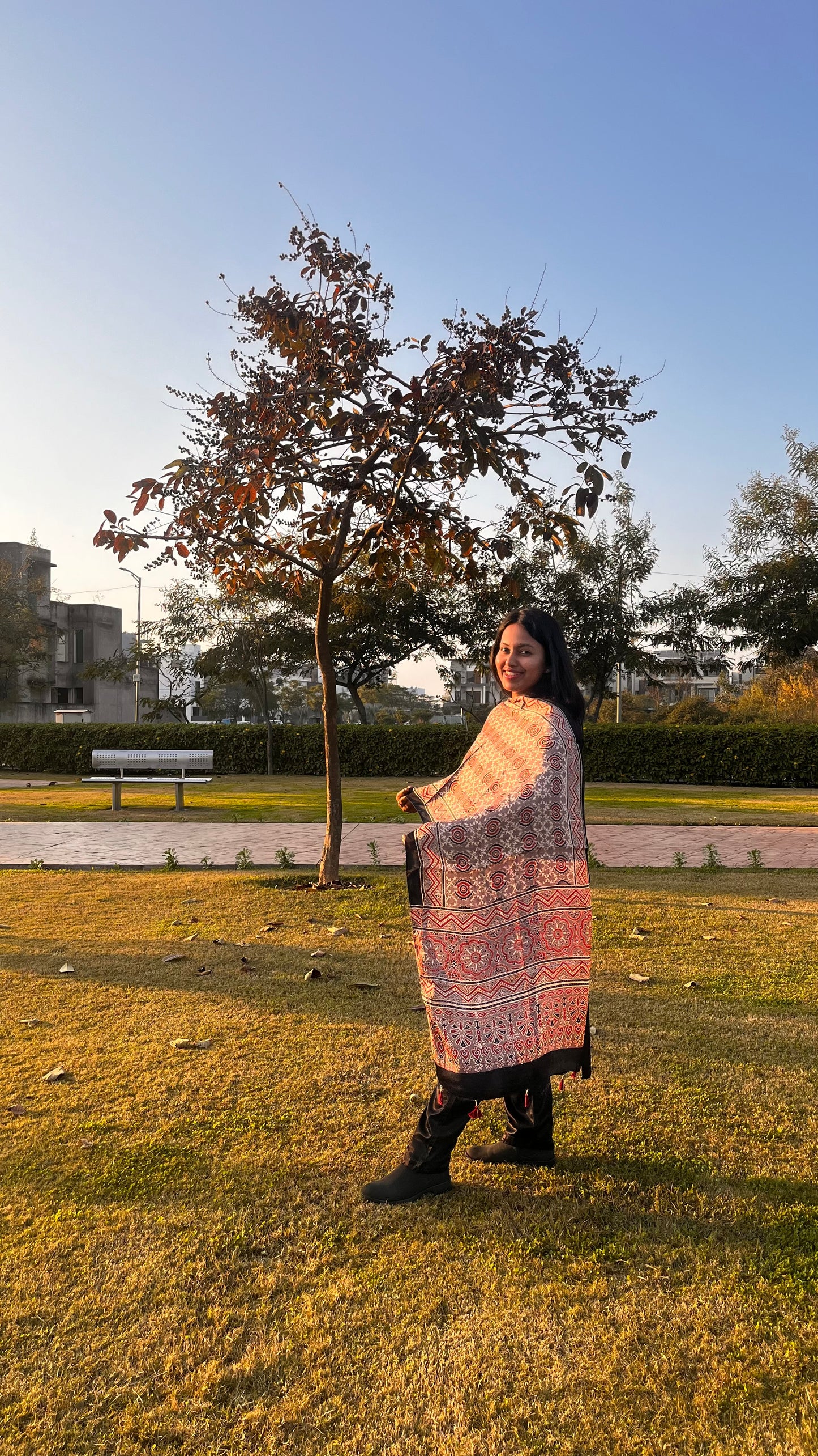 Rasin Shade Floral Motif Ajrakh Hand Block Print Modal Silk Stole with Tassels