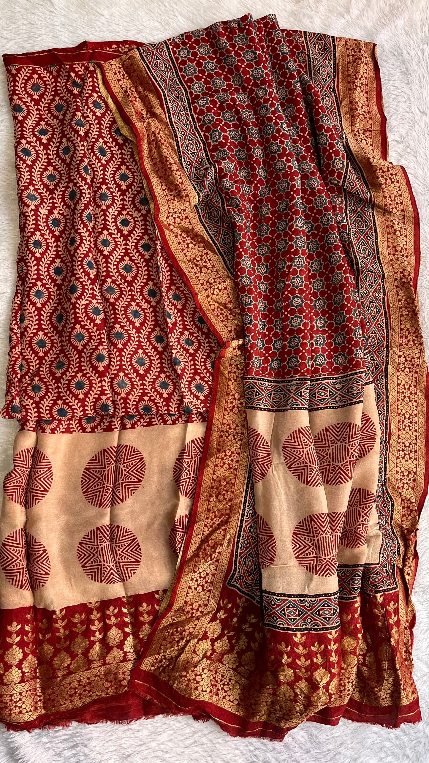 Deep Red Small Buti Print Ajrakh Dola Silk Hand Block Print 2 pc Suit Material Set with Nakkashi Border
