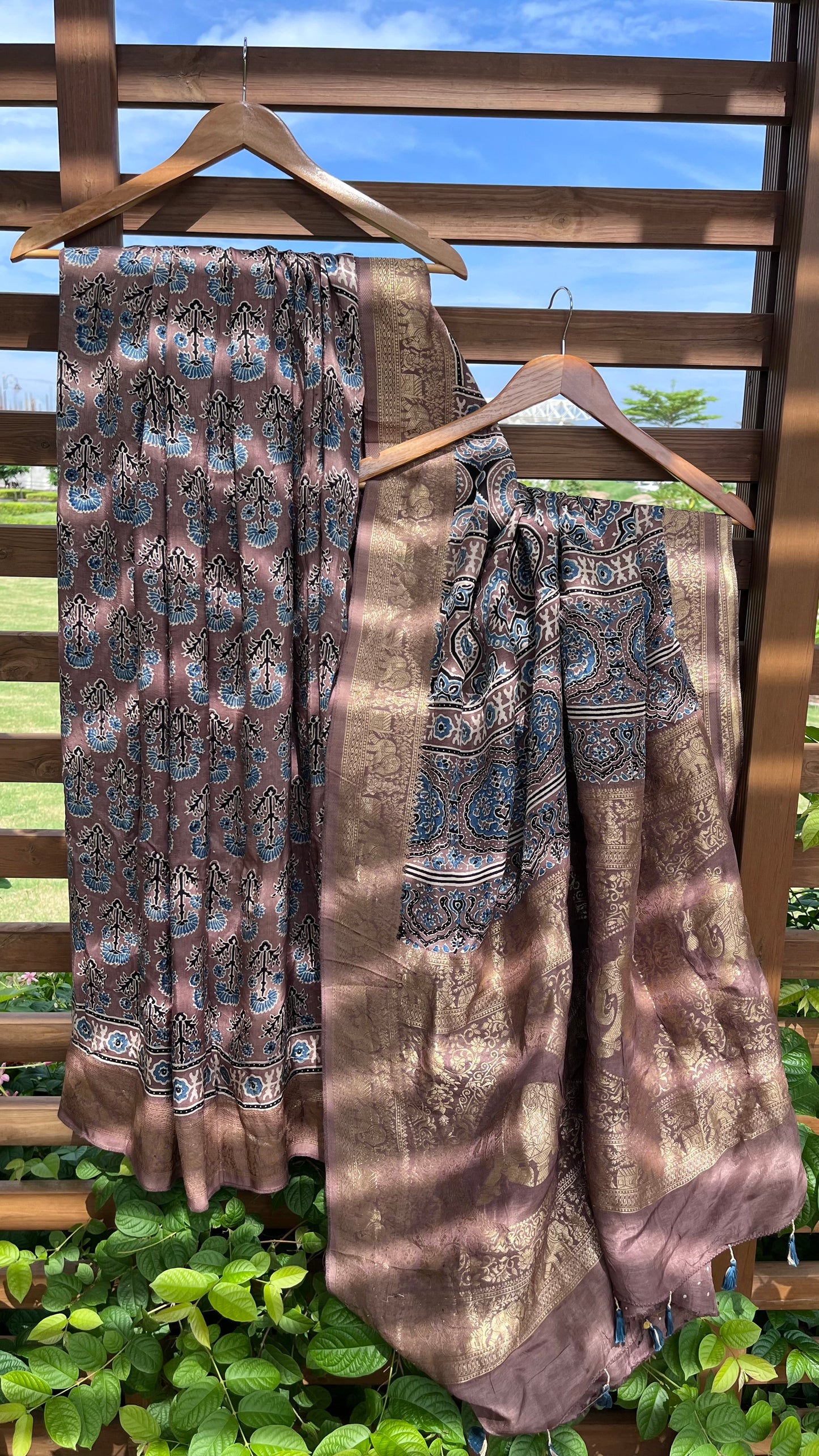 Earthy Brown Mugal Buta Motif Ajrakh Hand Block Dola Silk Saree with Zari Pallu (With Blouse)