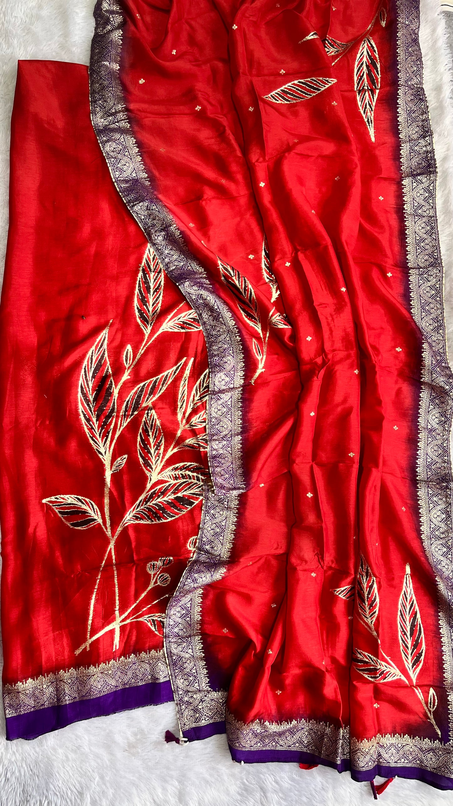 Ruby Red Dola Silk Hand Brush Print 2pc Suit Material Set with Zari Pallu and Full Finish with Tassels