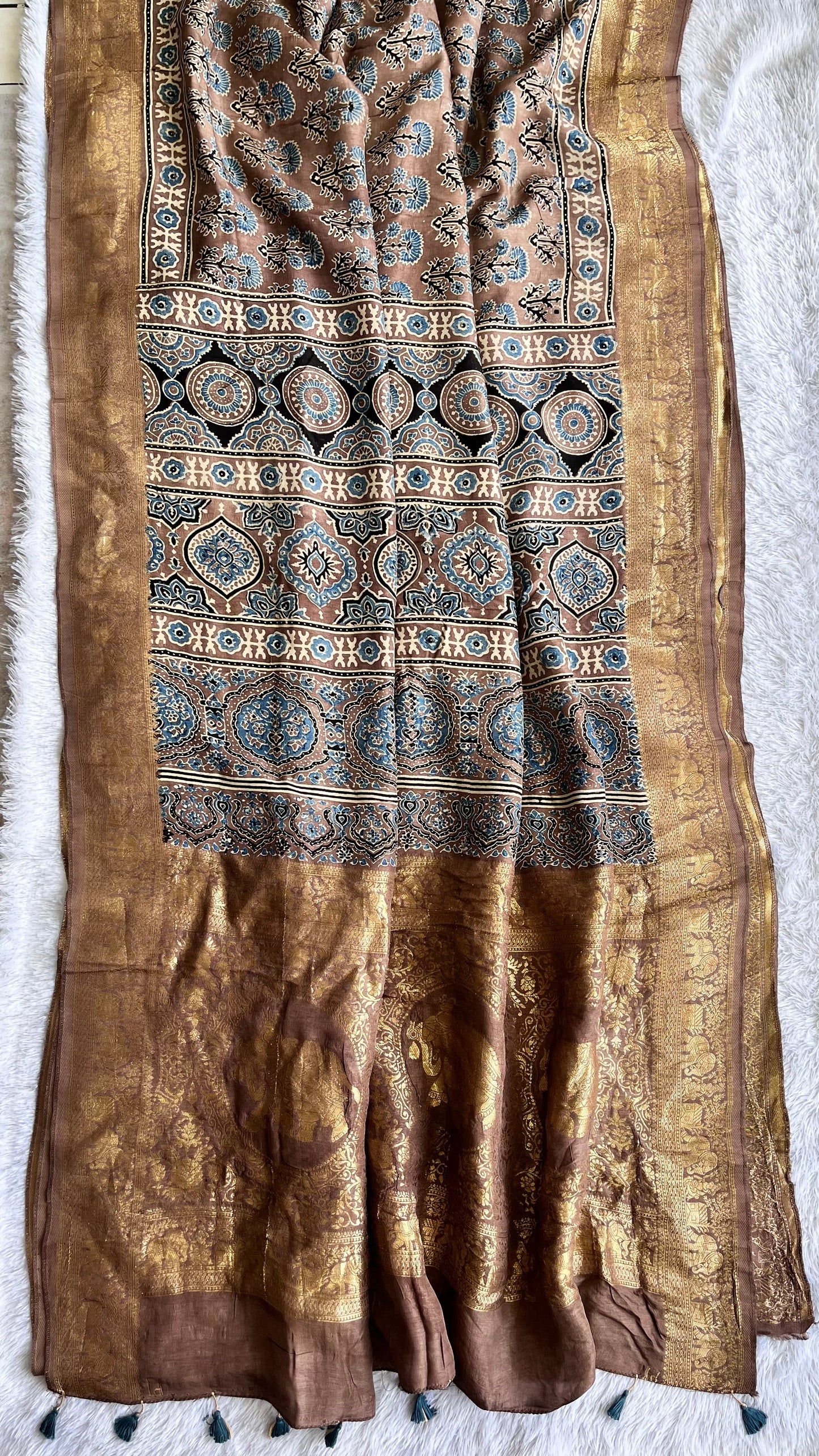 Earthy Brown Mugal Buta Motif Ajrakh Hand Block Dola Silk Saree with Zari Pallu (With Blouse)