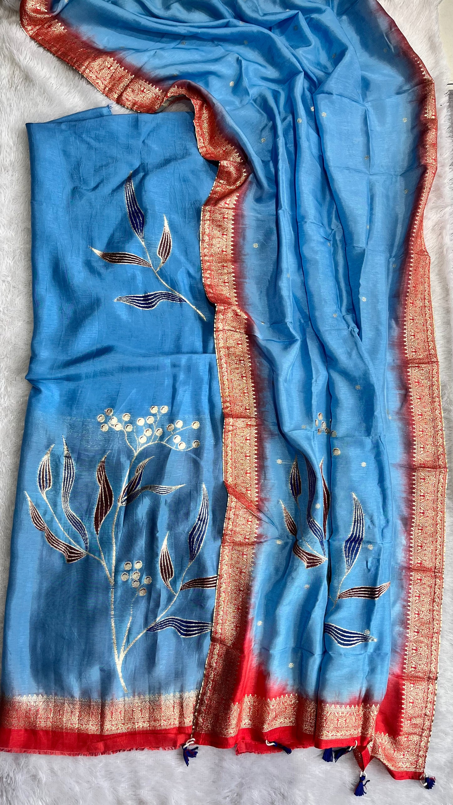 Sky Blue Dola Silk Hand Brush Print 2pc Suit Material Set with Zari Pallu and Full Finish with Tassels