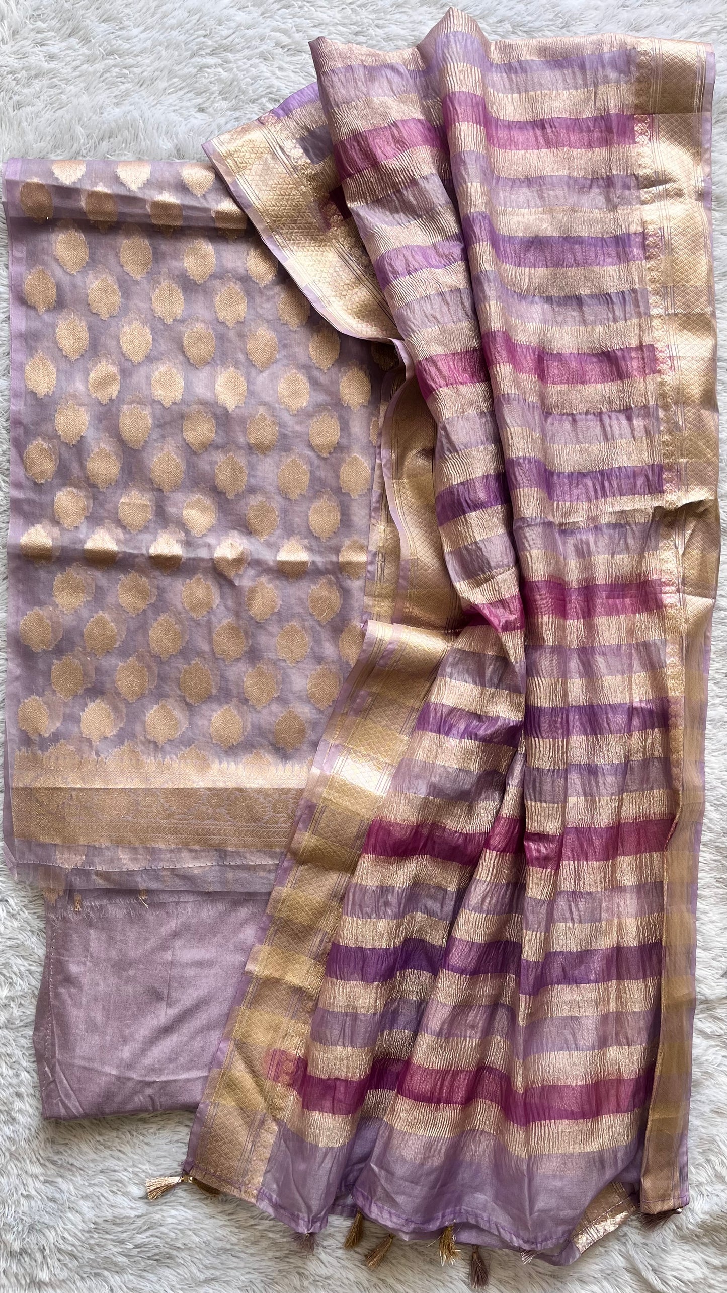 Lavender Shade Banarasi Tissue Silk 3-Piece Suit with Threadwork & Crushed Organza Dupatta