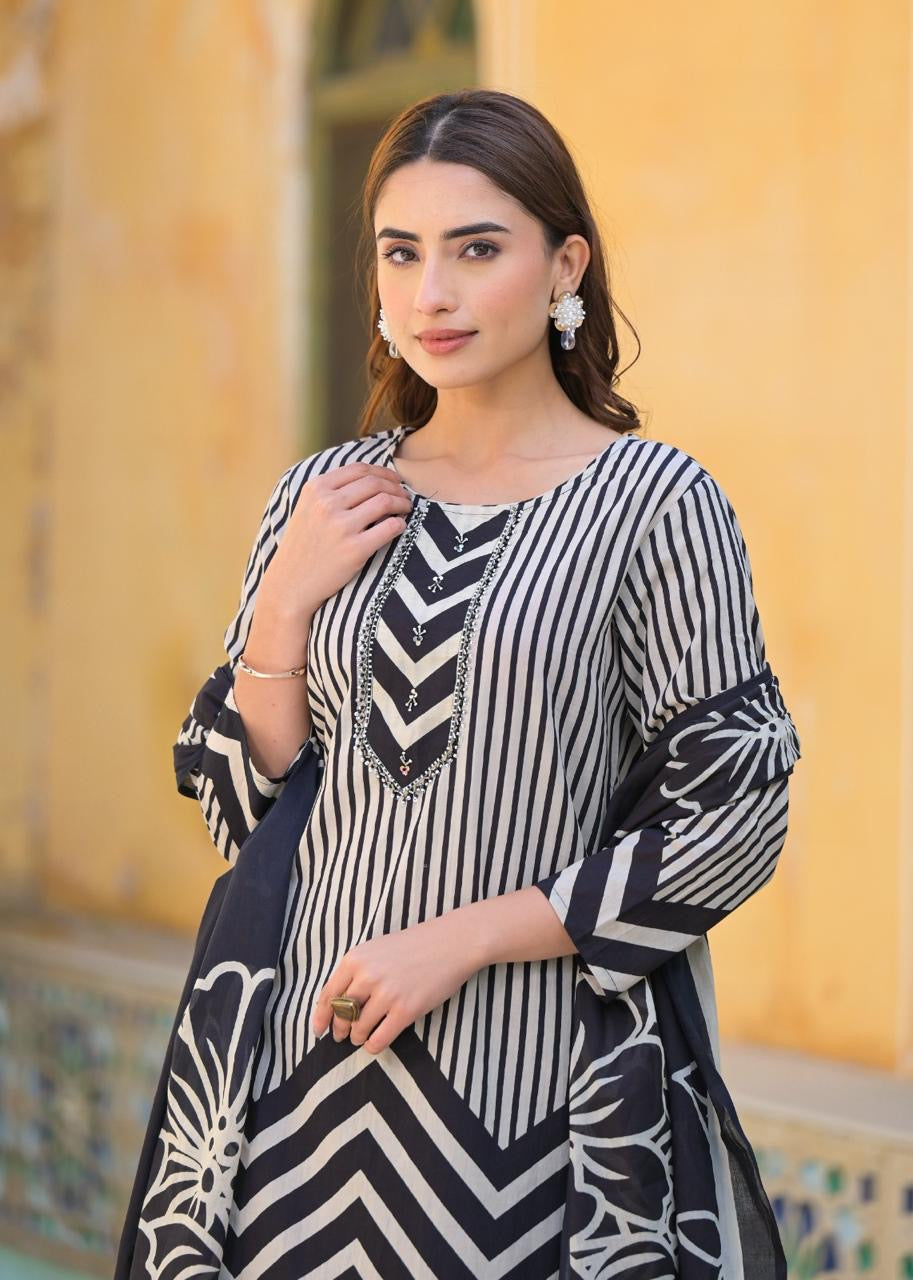 Black Geometric Print Pure Cotton Suit Set with Cotton Dupatta