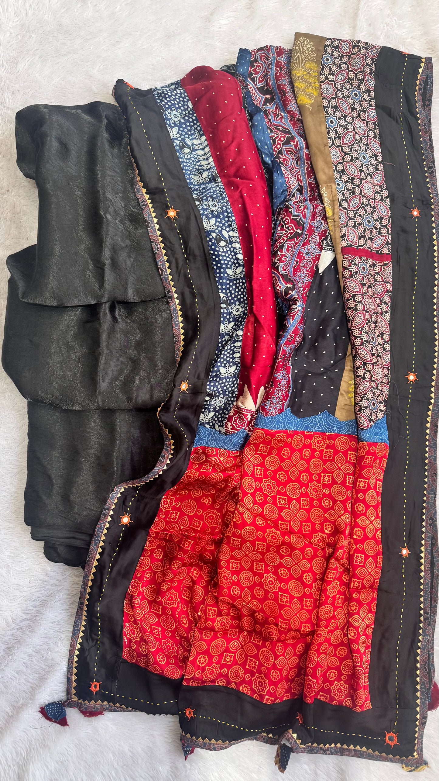 Dominant Black Solid Shade Modal Silk Suit Material with Multi Shade Modal Silk Applique Work Dupatta