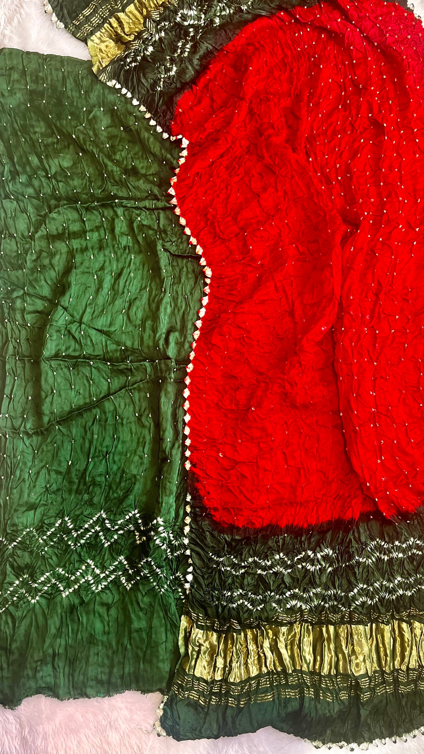 Green and Red Modal Silk Hand Block Print Pure Bandhej 2pc Suit Material Set with Lagdi Patti Dupatta