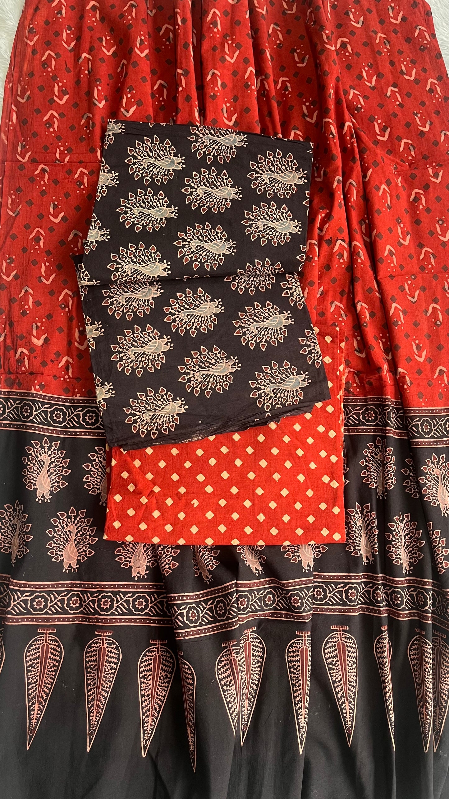 Black Mor Booti Motif Ajrakh Unstitched Pure Cotton Suit Set with Cotton Dupatta