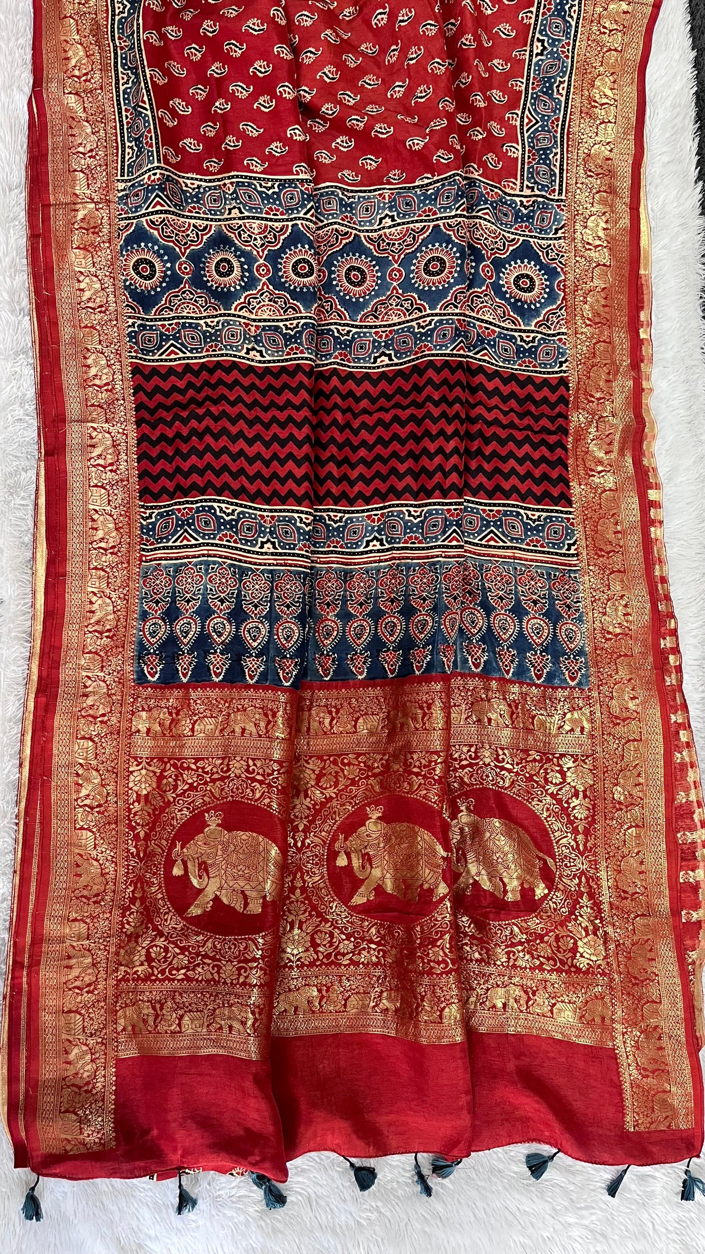 Red Small Flower Buta Motif Ajrakh Hand Block Dola Silk Saree with Zari Pallu (With Blouse)