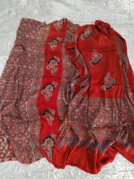 Deep Red Buta and Grid Motif Ajrakh Modal Silk 2pc Suit Set Material