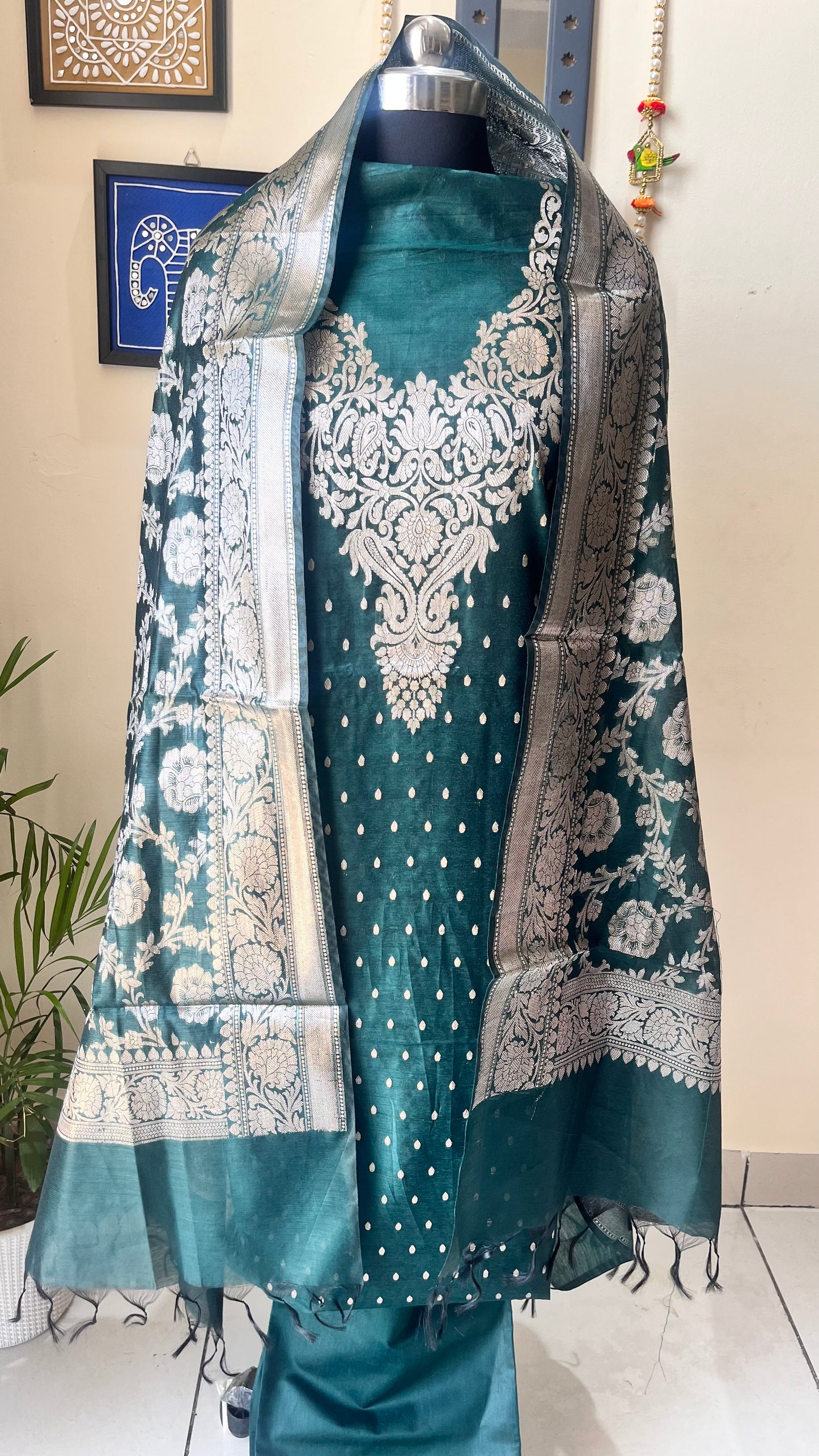 Emerald Green Shade Banarasi Silk Cotton 3-Piece Suit with Banarasi Woven Yoke & Dupatta