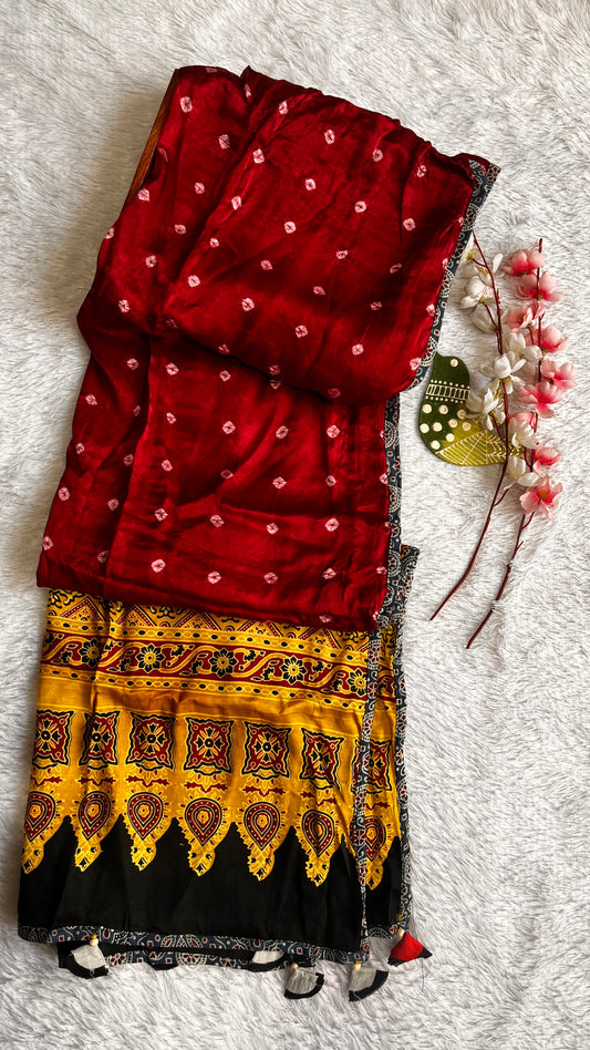 Maroon and Yellow Ajrakh Applique Patchwork Modal Silk Kantha Work Dupatta with Tassels