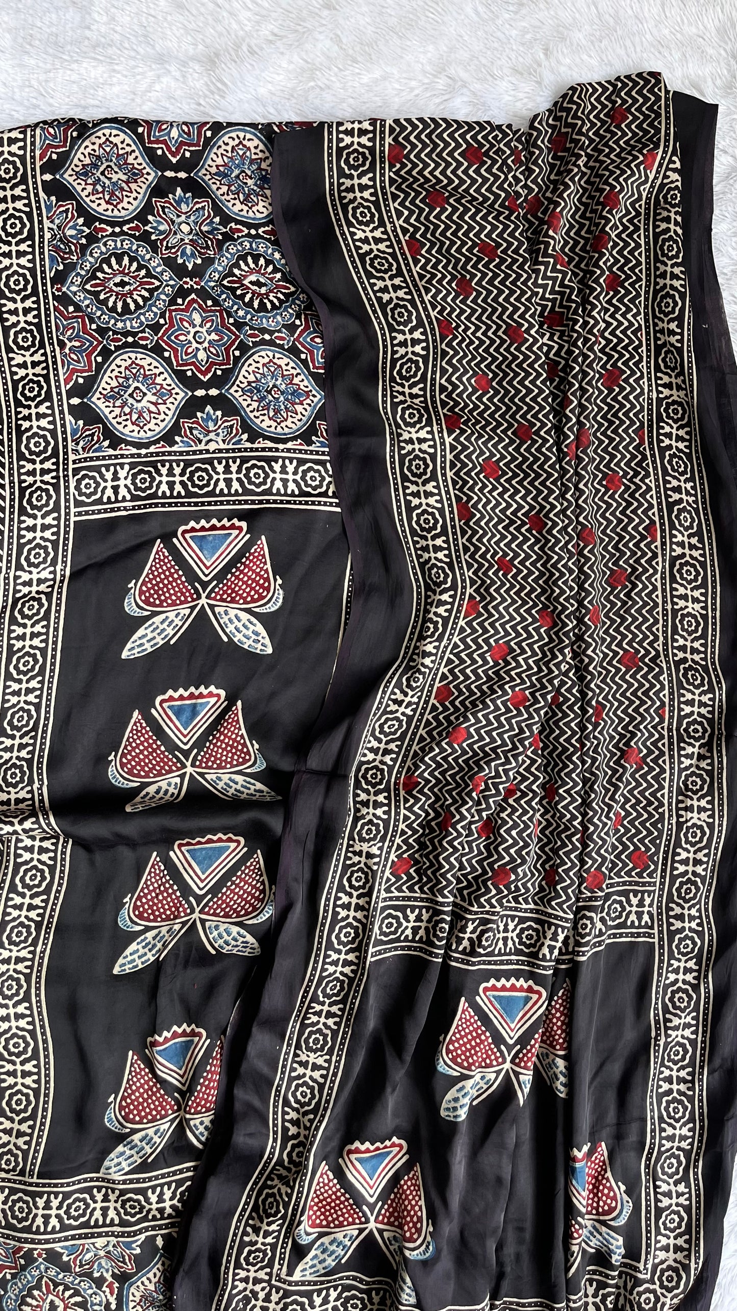 Black Butterfly and Badaam Buta Motif Modal Silk Suit Material with Ajrakh Modal Dupatta