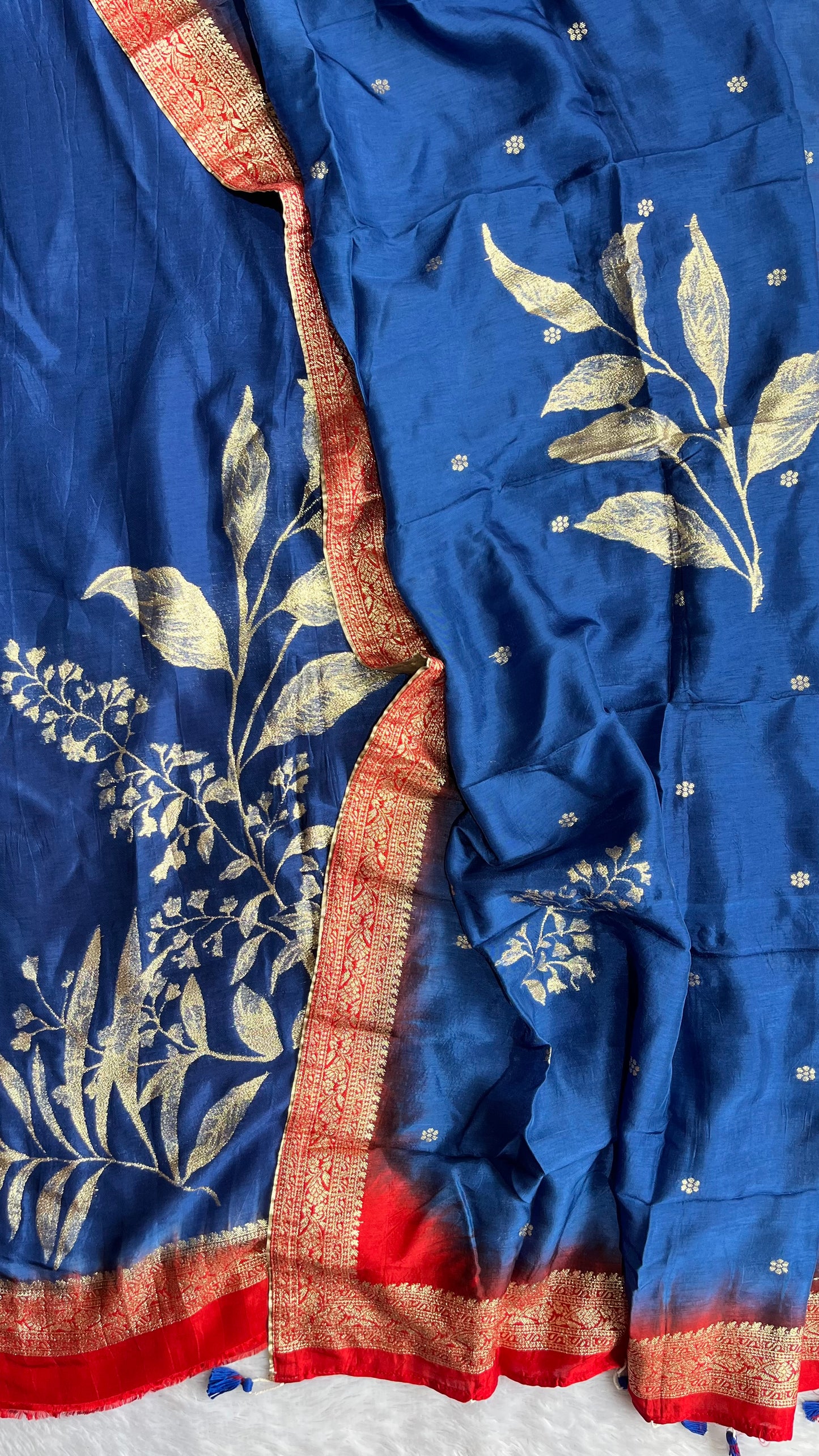 Etheral Blue Dola Silk Hand Brush Print 2pc Suit Material Set with Zari Pallu and Full Finish with Tassels