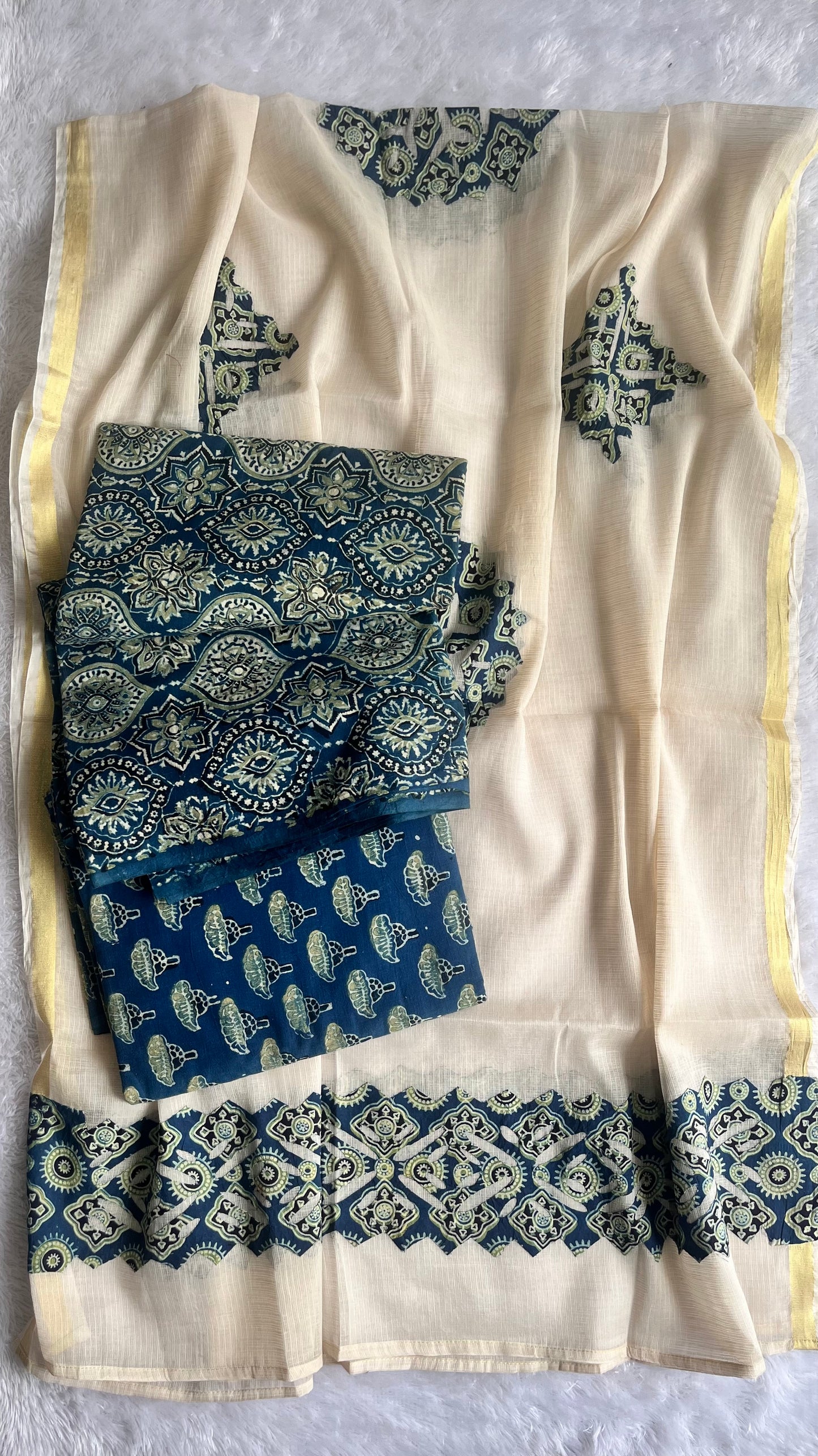 PIndigo Badaam Buti Pure Cotton Ajrakh Unstitched Suit Set with Ajrakh Applique Kota Dupatta a