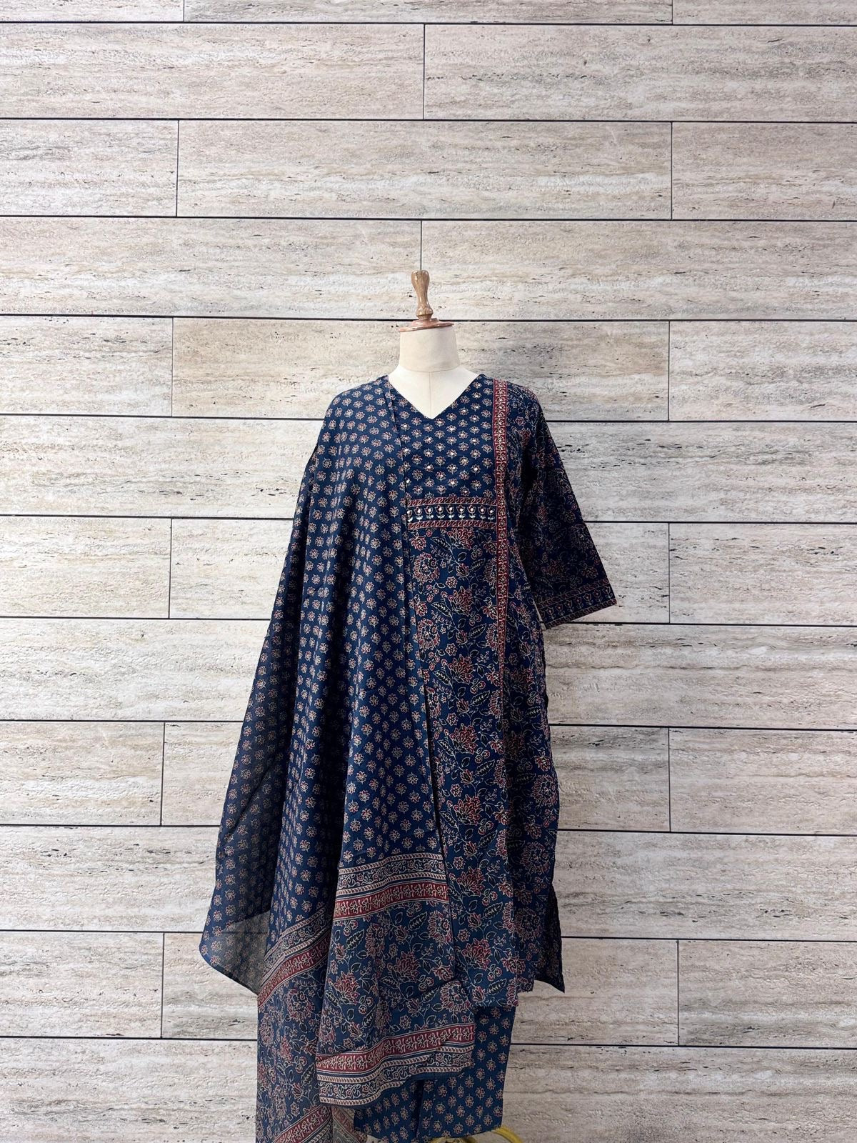 Navy Blue Ajrakh Print Pure Cotton Suit Set with Cotton Dupatta