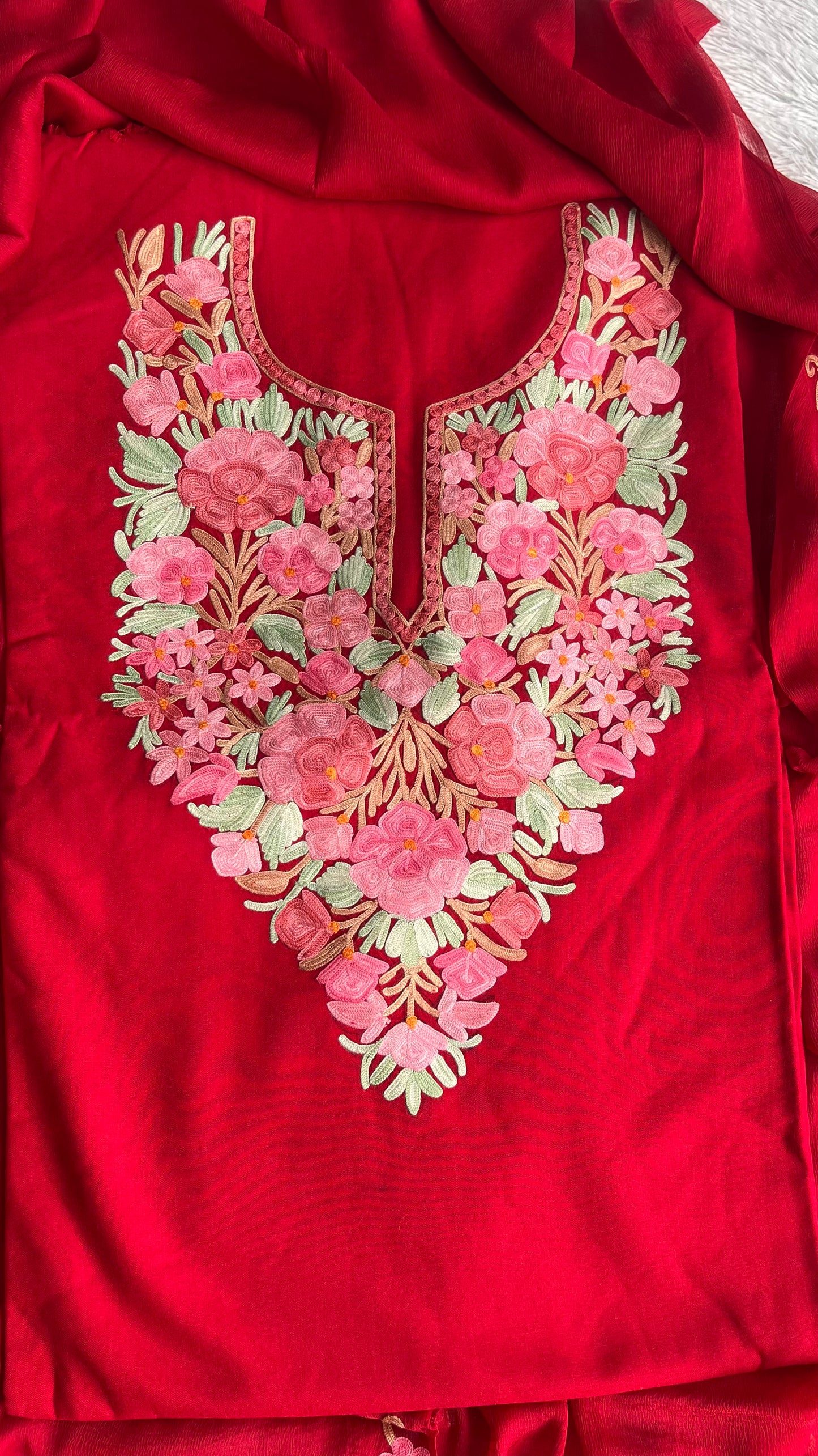 Ravishing Red with Multicoloured work Muslin Cotton Kashmiri Aari Embroidered 3pc Suit Set
