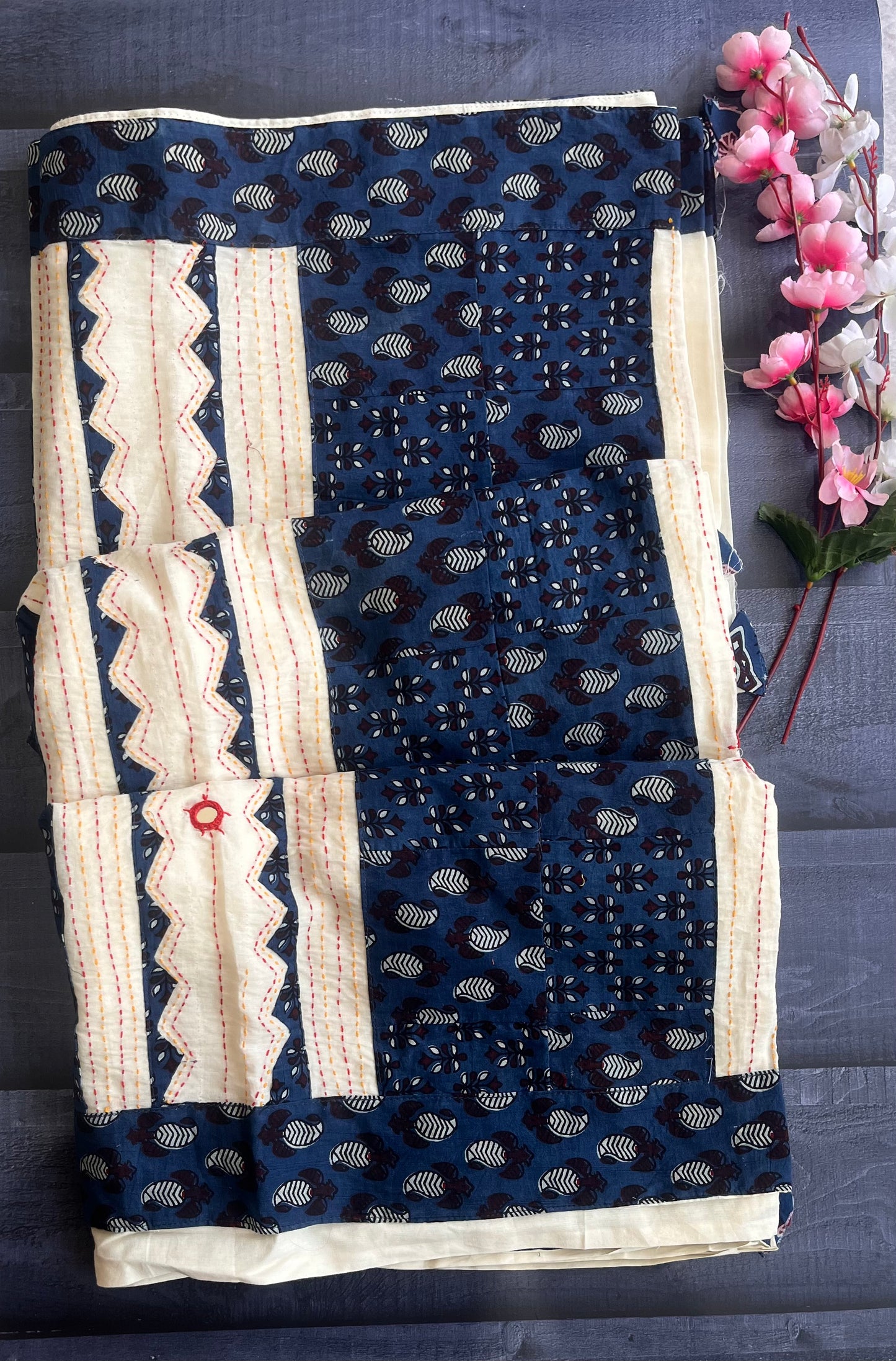 Off White and Ink Blue Pure Cotton Saree with Ajrakh Applique Patchwork Embroidery and Mirror Work