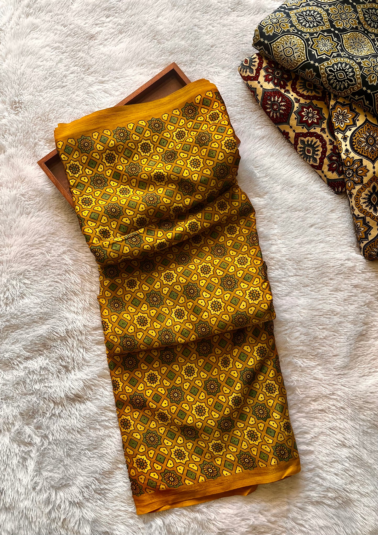 Yellow Choti Jaali Buta Motif Ajrakh Mashru Silk Fabric