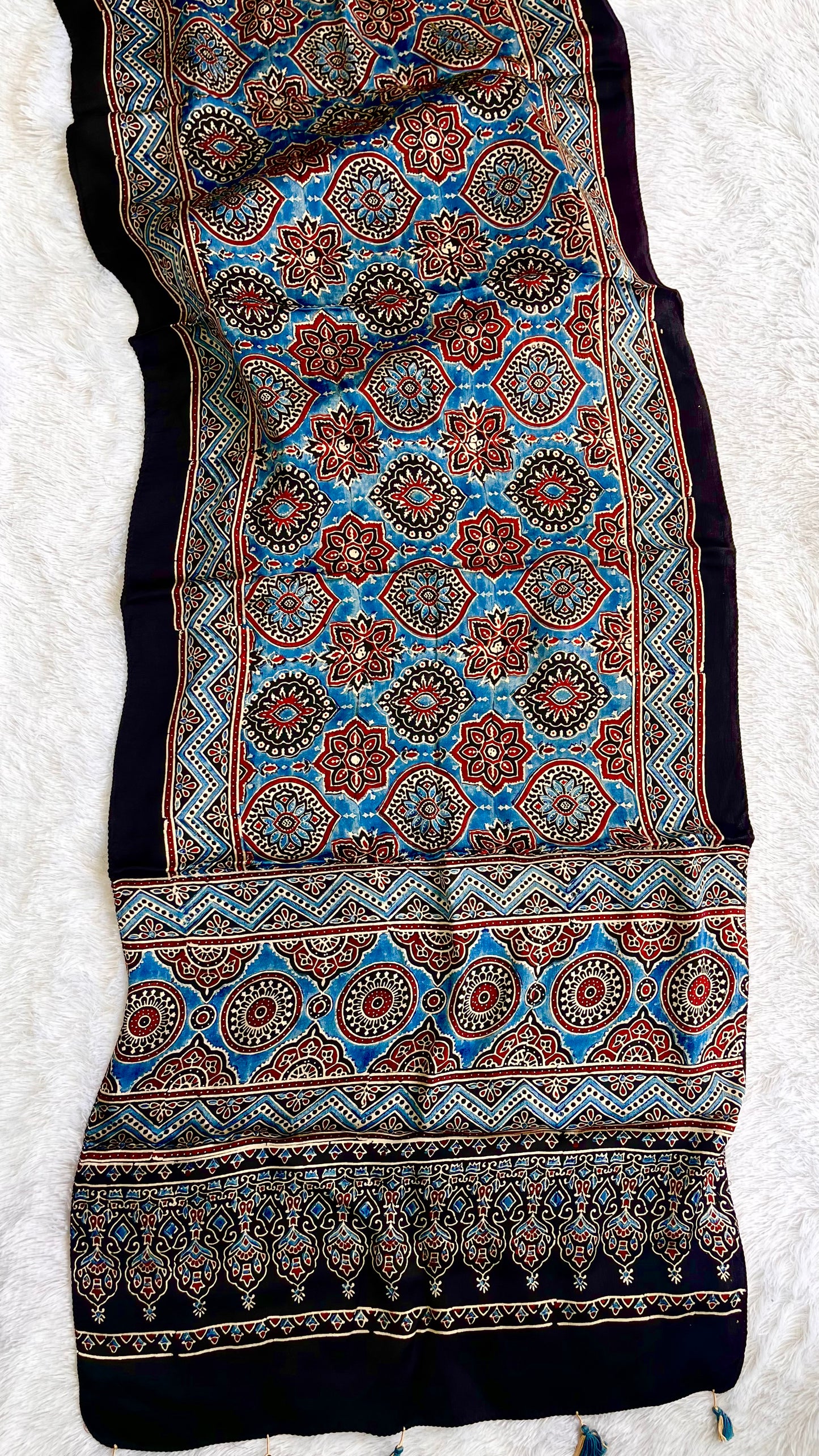 Blue and Black Badaam Buti Motif Ajrakh Hand Block Print Modal Silk Stole with Tassels