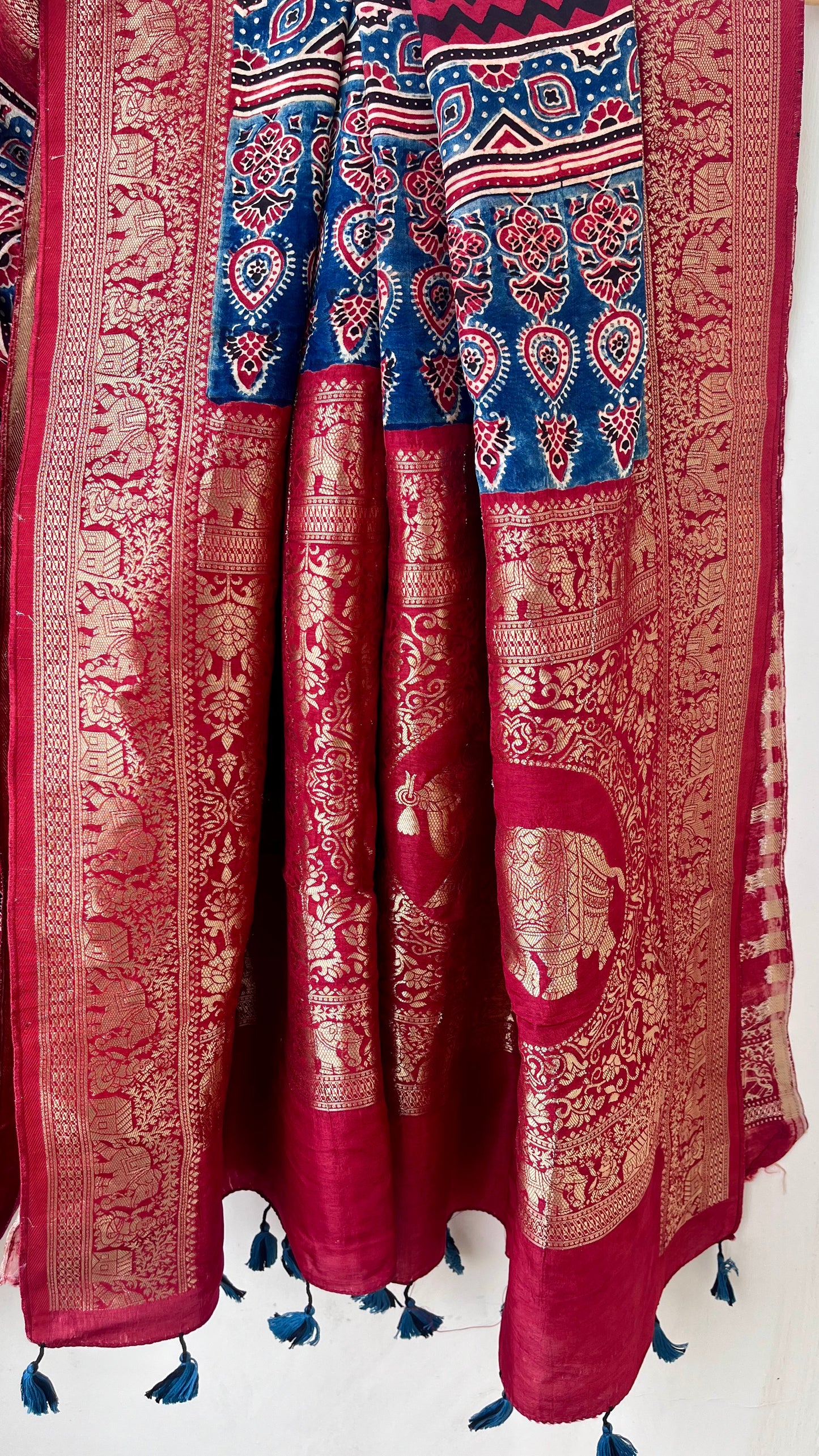 Red Small Flower Buta Motif Ajrakh Hand Block Dola Silk Saree with Zari Pallu (With Blouse)