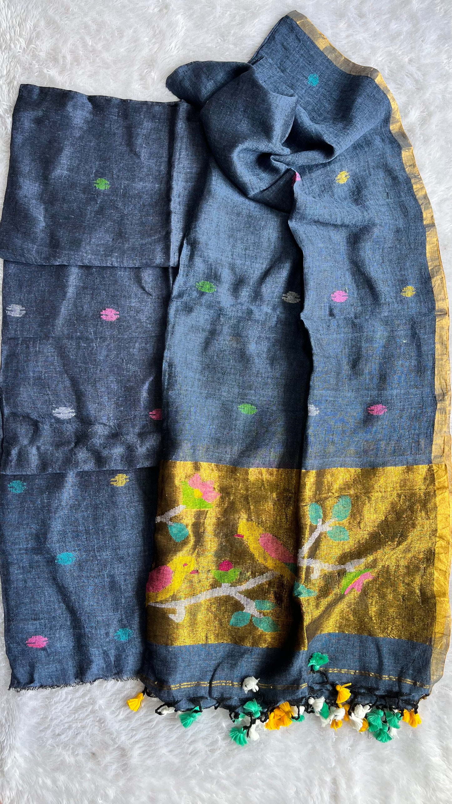 Blue Paithani Unstitched Pure Linen on Linen Hand Woven Daman 2 pc Suit Set