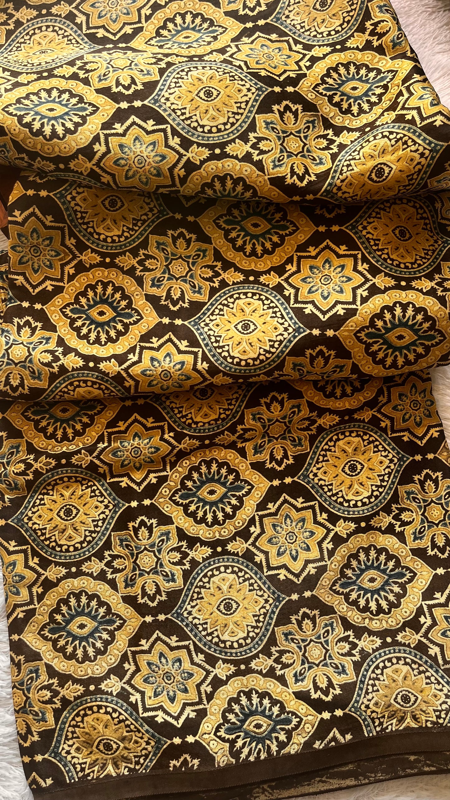 Cut Piece Beige and Indigo Colour Jaal Motif Ajrakh Mashru Silk fabric