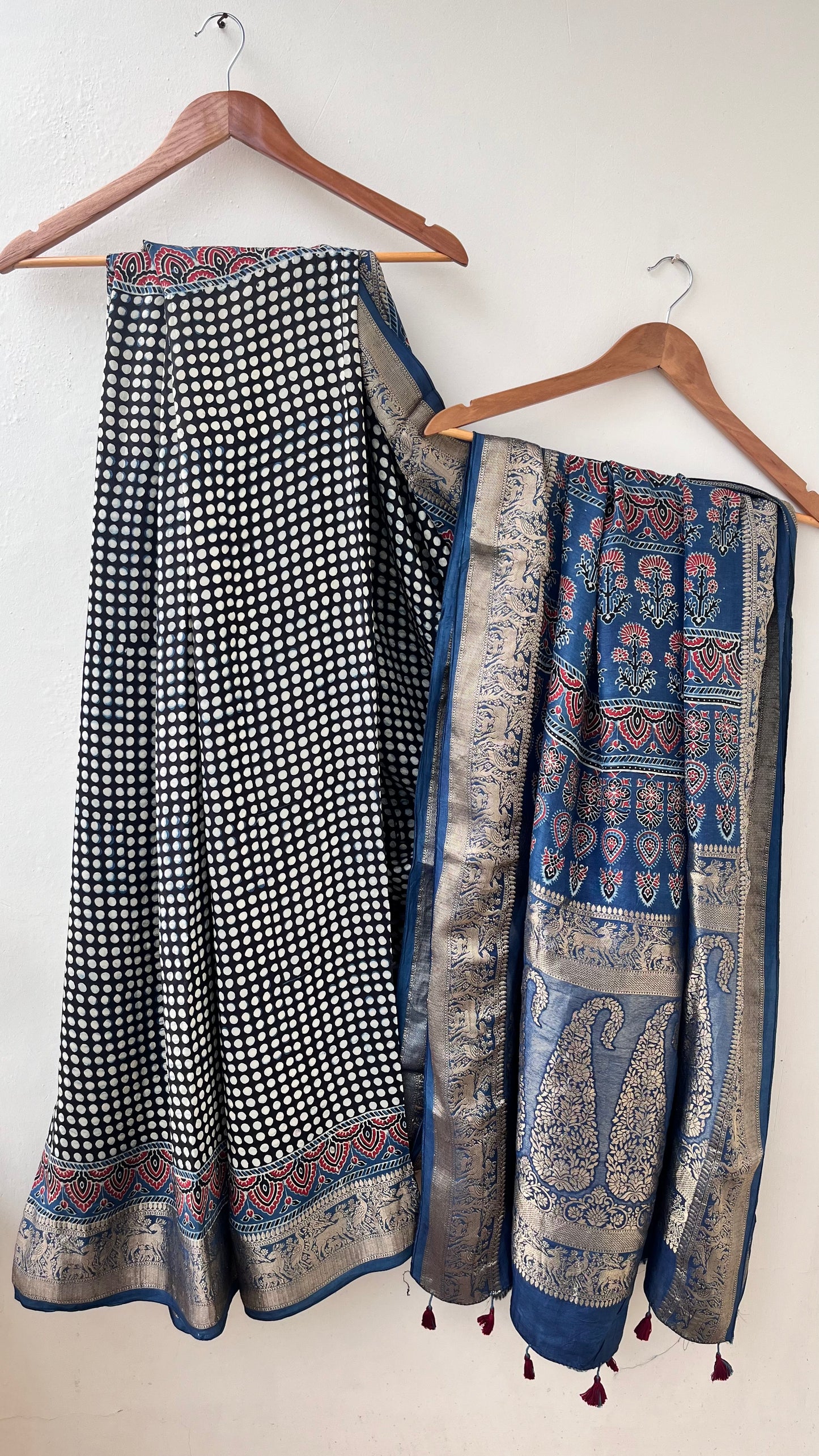 Black and Indigo Dotted Buta Motif Ajrakh Hand Block Dola Silk Saree with Zari Pallu (With Blouse)