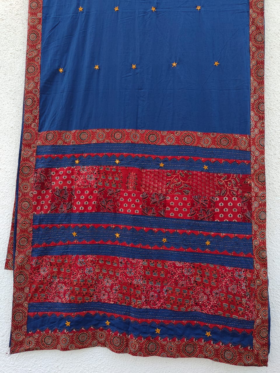 Blue and Red Pure Cotton Saree with Ajrakh Applique Patchwork and Tassels