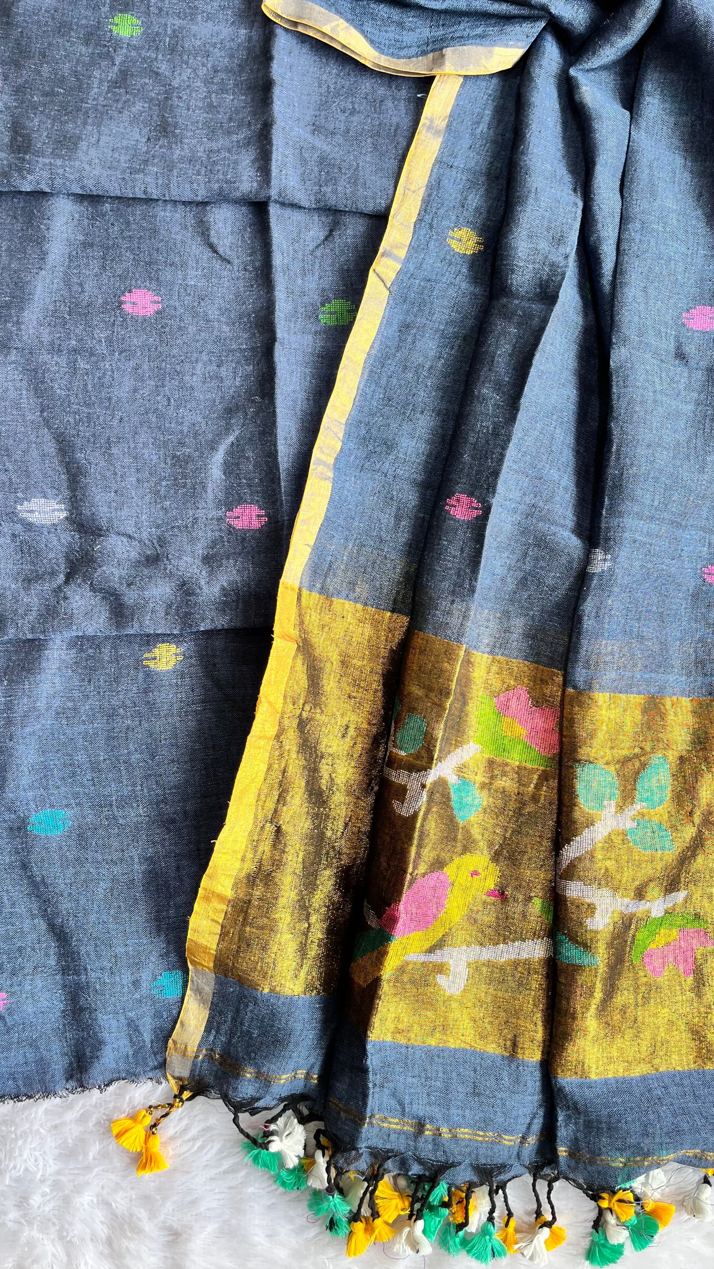 Blue Paithani Unstitched Pure Linen on Linen Hand Woven Daman 2 pc Suit Set