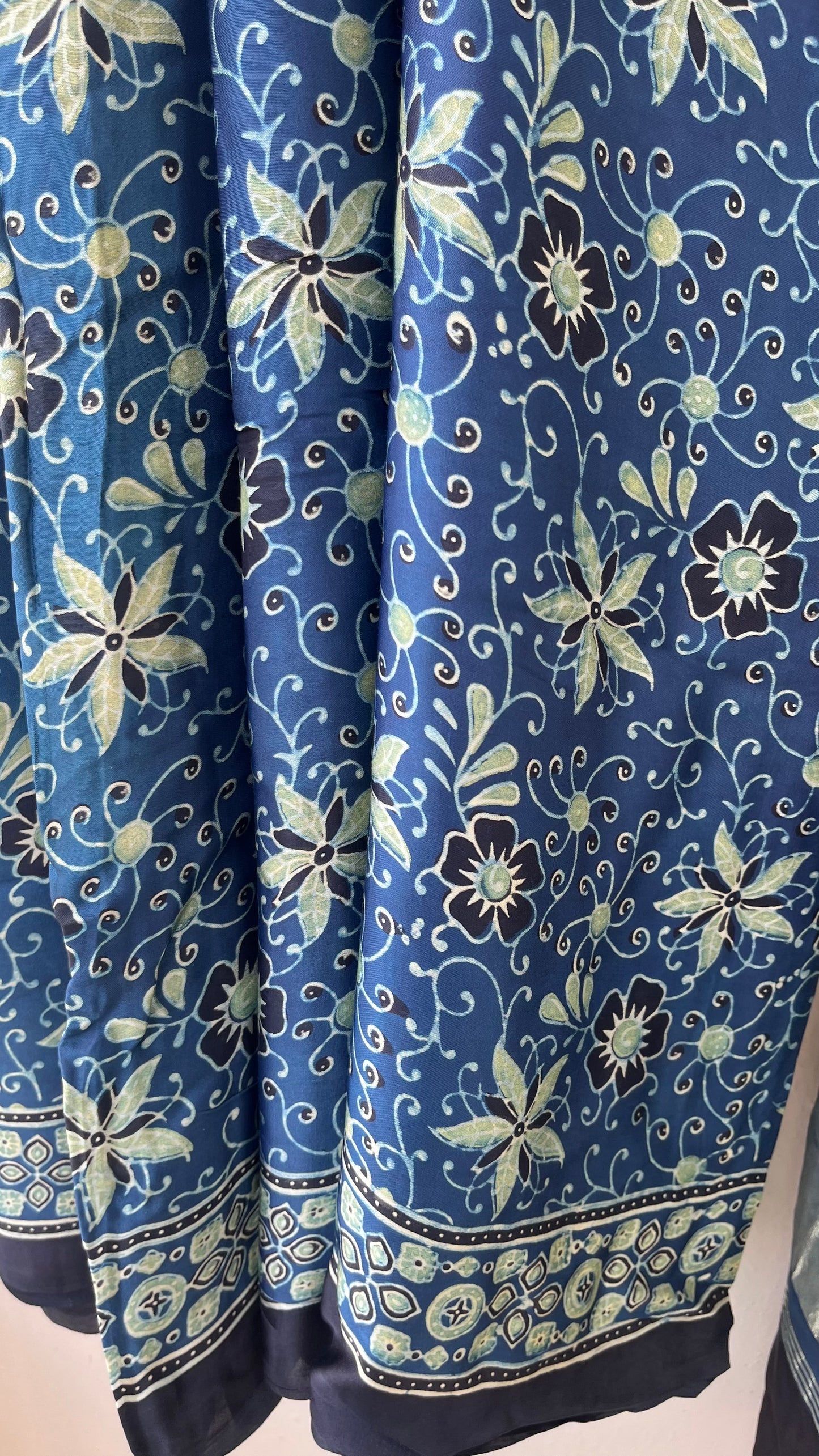 Indigo Small Flower Booti Ajrakh Hand Block Natural Dye Modal Silk Lagdi Patti Saree With Blouse