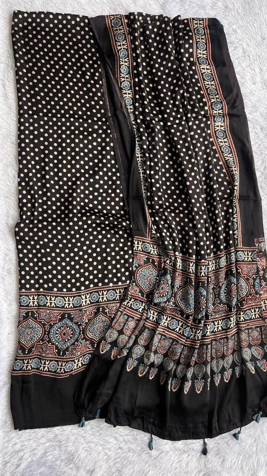 Black Shade Polka Dot Booti Ajrakh Hand Block Motif Modal Silk 2pc Suit Material Set