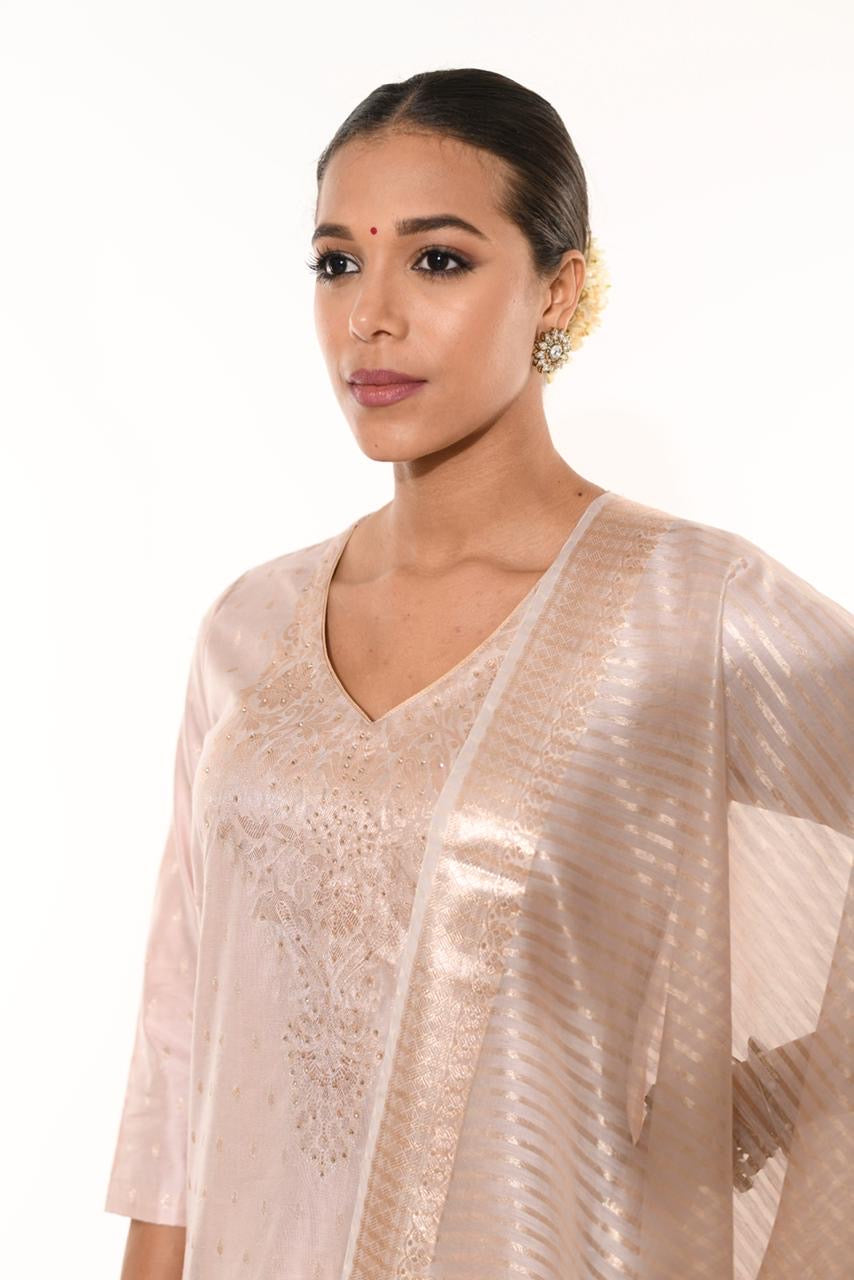 Pastel Pink Hues Banarasi Chanderi Silk Suit Set
