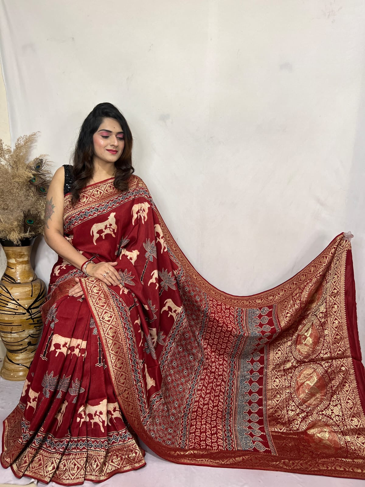 Red Kamdhenu Buta Ajrakh Hand Block Print Dola Silk Saree with Zari Pallu (With Blouse)