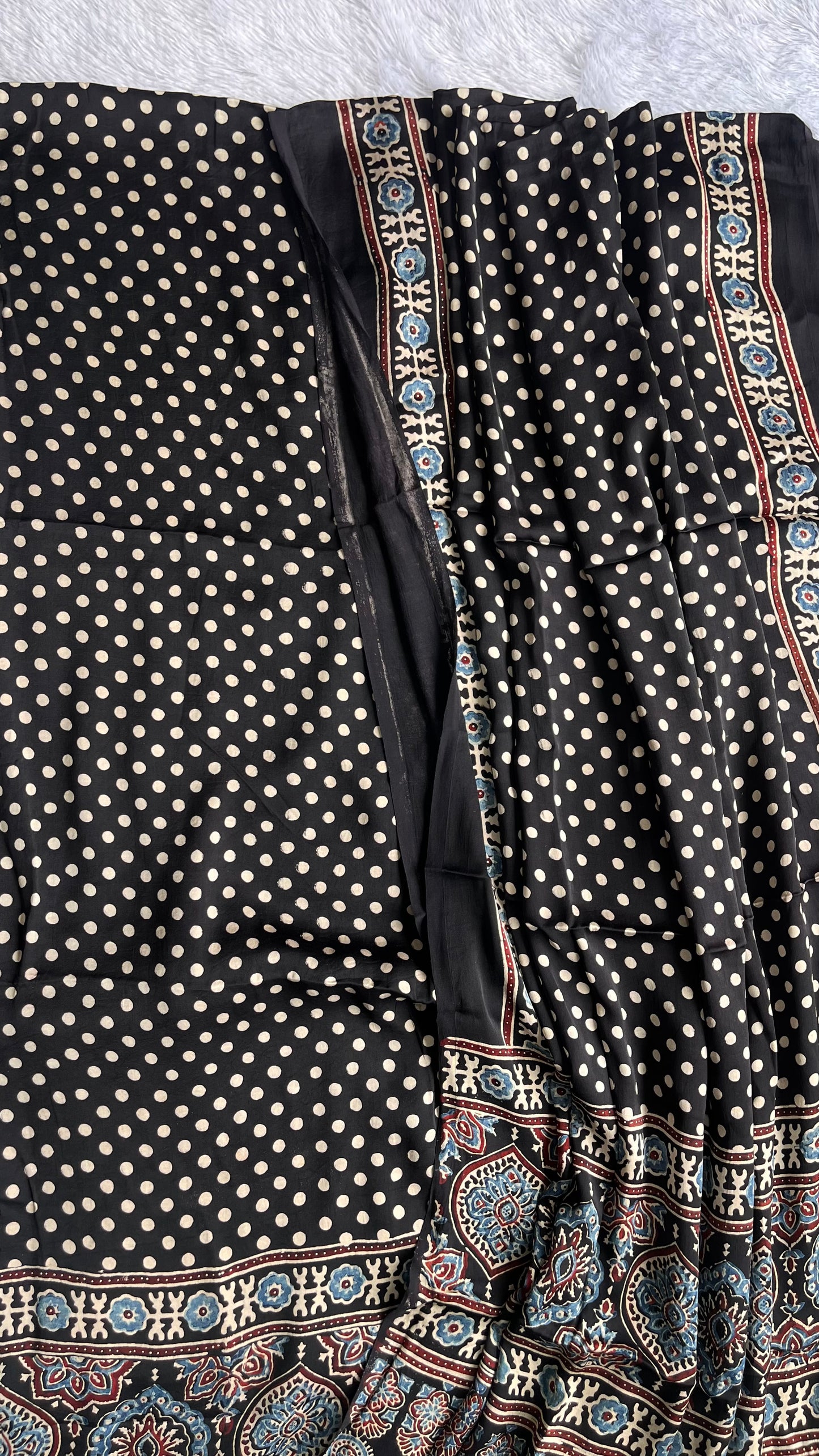 Black Shade Polka Dot Booti Ajrakh Hand Block Motif Modal Silk 2pc Suit Material Set