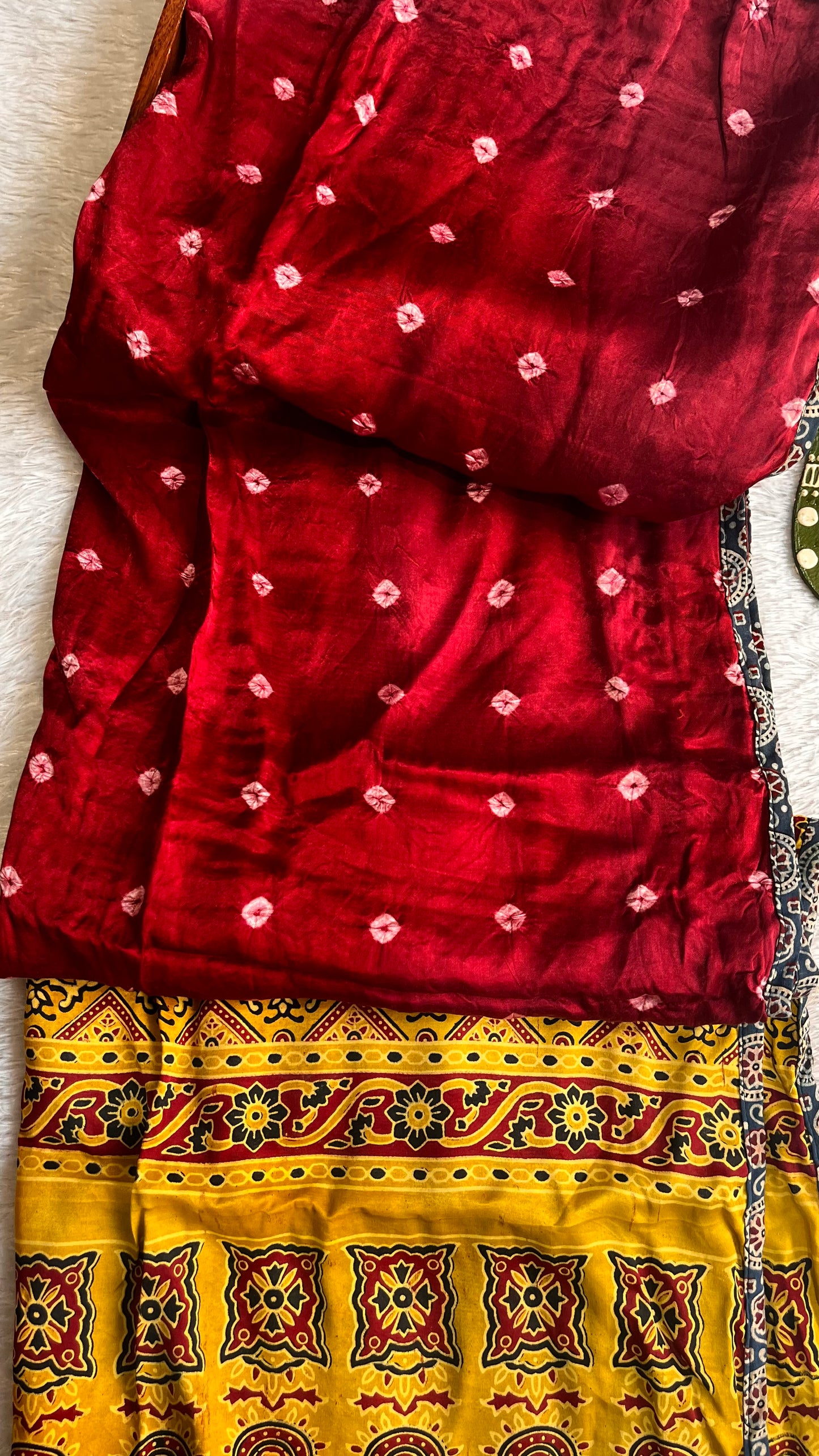 Maroon and Yellow Ajrakh Applique Patchwork Modal Silk Kantha Work Dupatta with Tassels