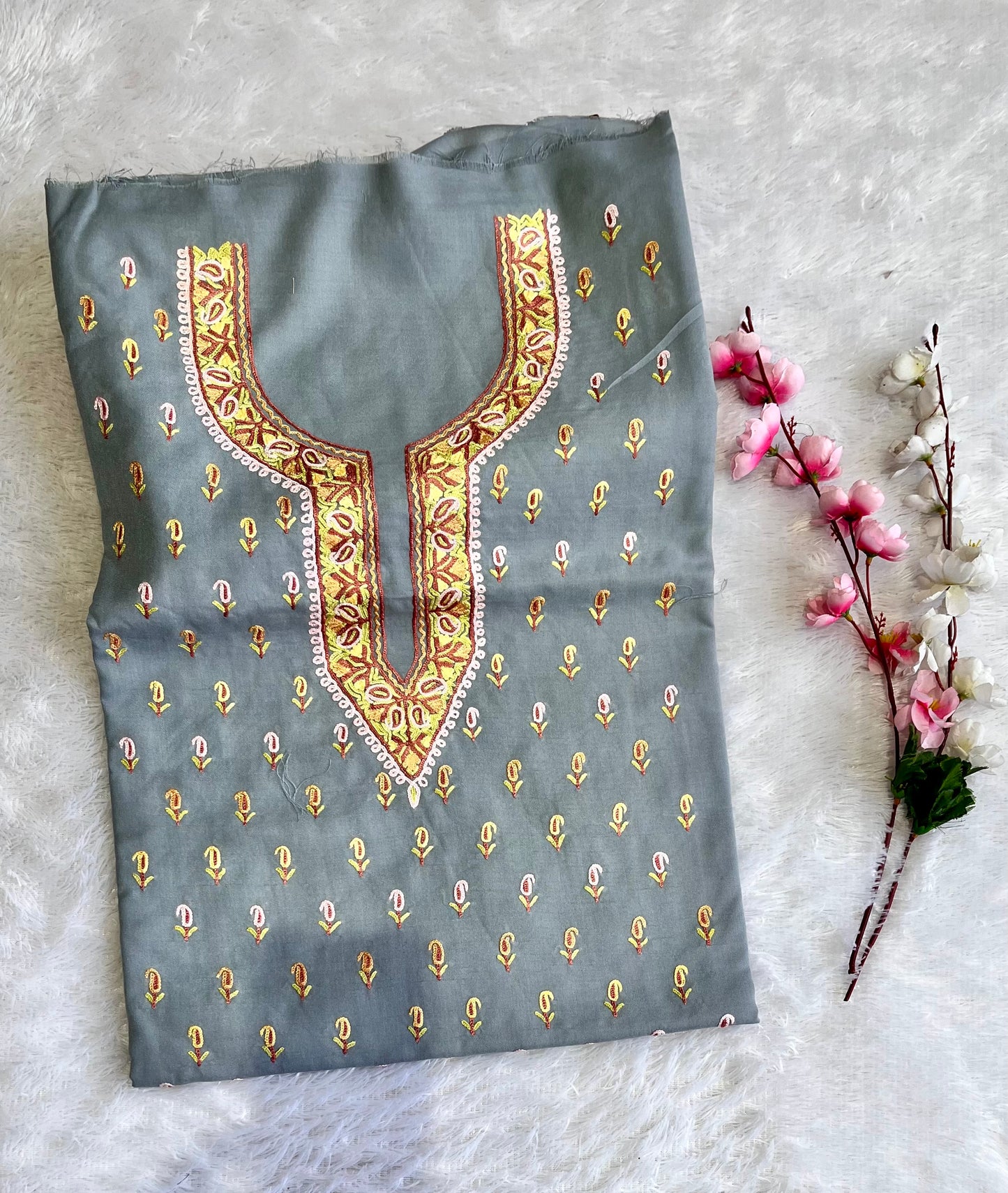 Steel Grey with Multicoloured Thread work Pure Cotton Kashmiri Aari Embroidered Co Ord 2 pc Set