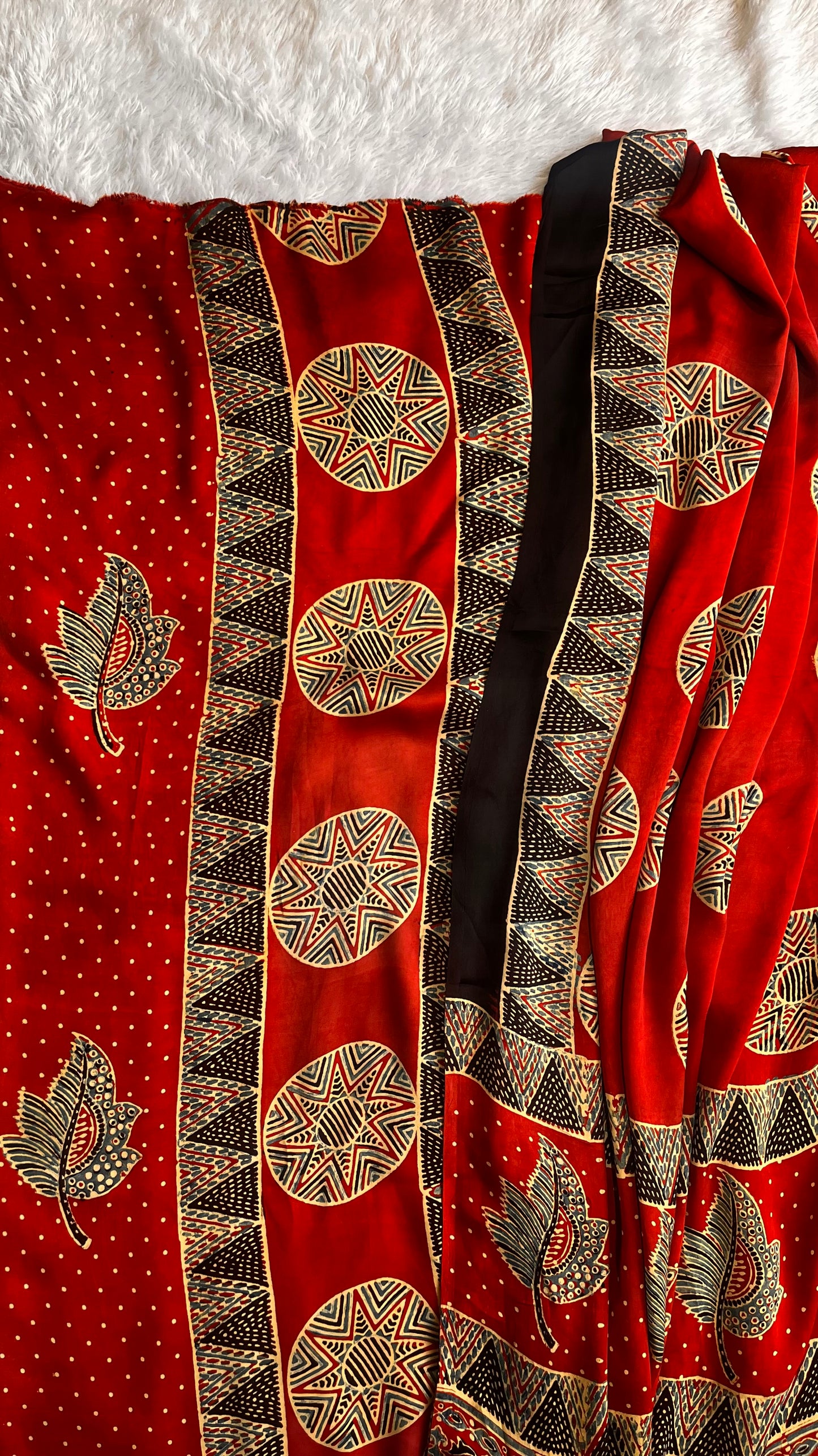 Maddar Red Patti and Circle Buti Modal Silk 2pc Suit Material Set with Modal Silk Dupatta