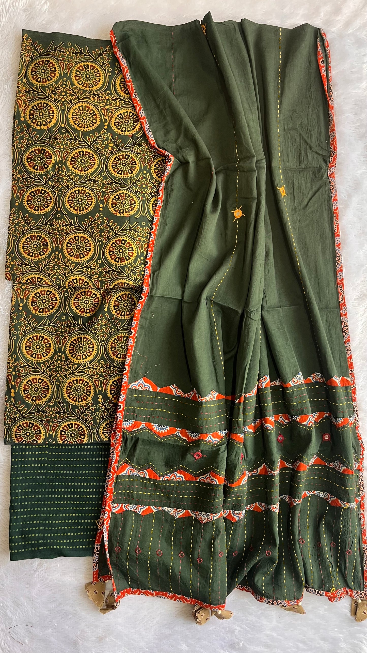 Green Jaal Buti Ajrakh Unstitched Suit Set with Cotton Applique Work Dupatta