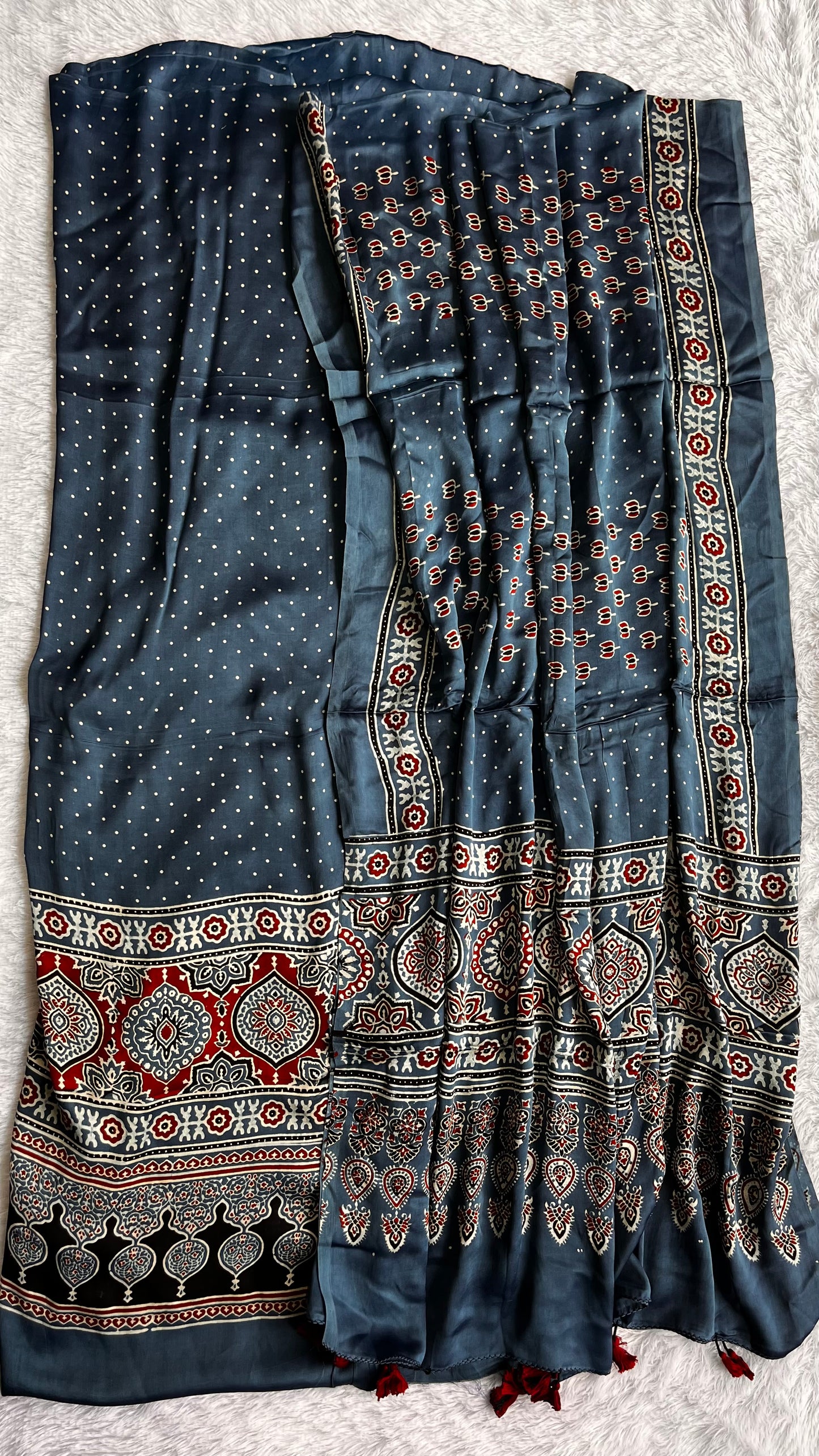 Blue Polka and Kamal Buti Ajrakh Motif Hand Block Print 2 pc Modal Silk Suit Material