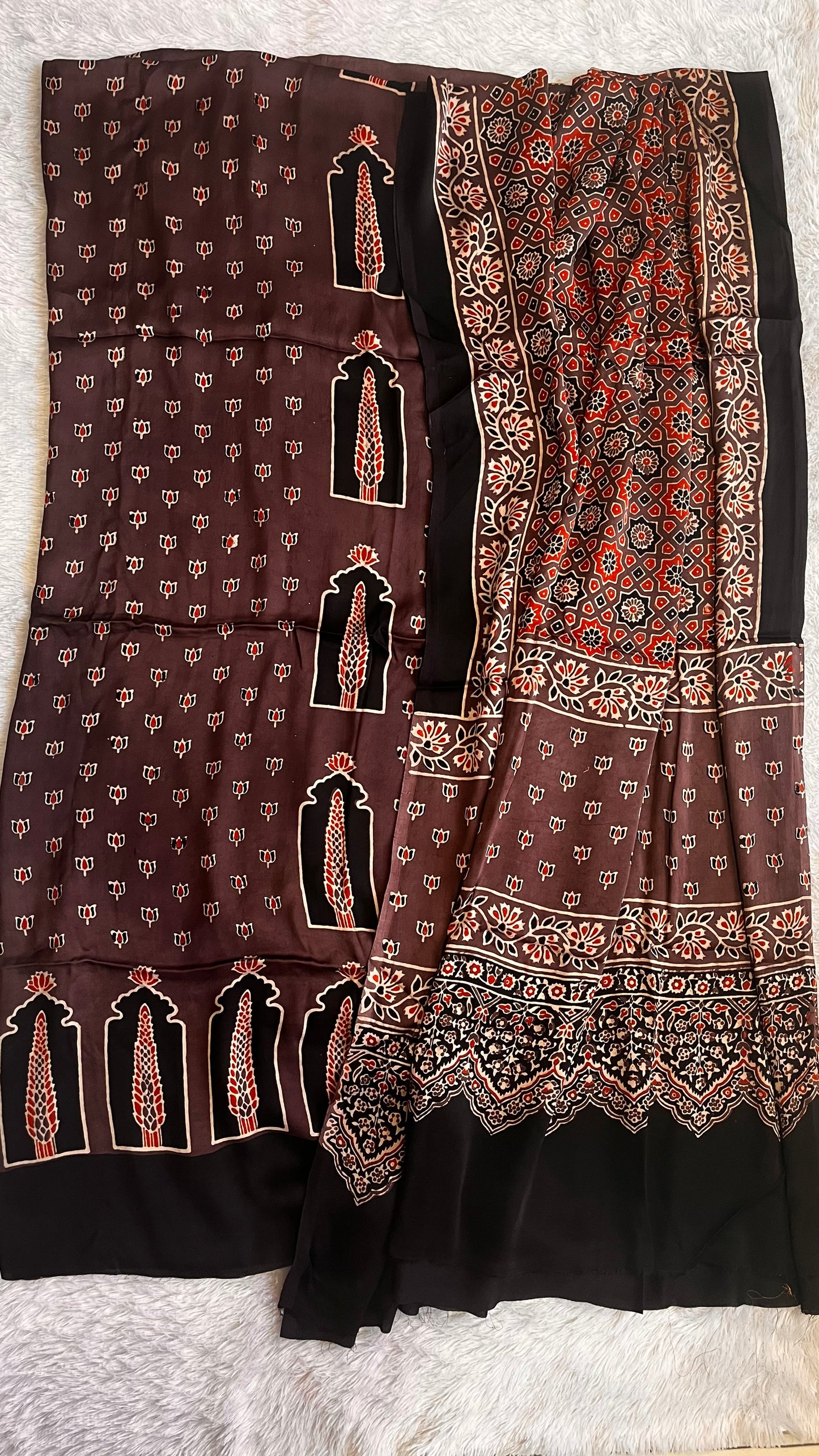 Rasin Shade Jharokha Motif Modal Silk Ajrakh Natural Dyed Hand Block Print 2pc Suit Material Set