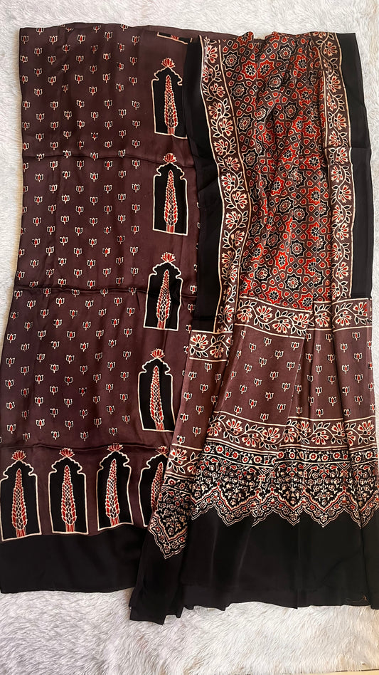 Rasin Shade Jharokha Motif Modal Silk Ajrakh Natural Dyed Hand Block Print 2pc Suit Material Set