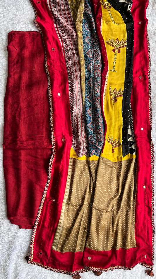Maroon Solid Shade Multicolour Modal Silk Ajrakh Hand Block Print 2pc Suit Material Set with Applique Work Dupatta