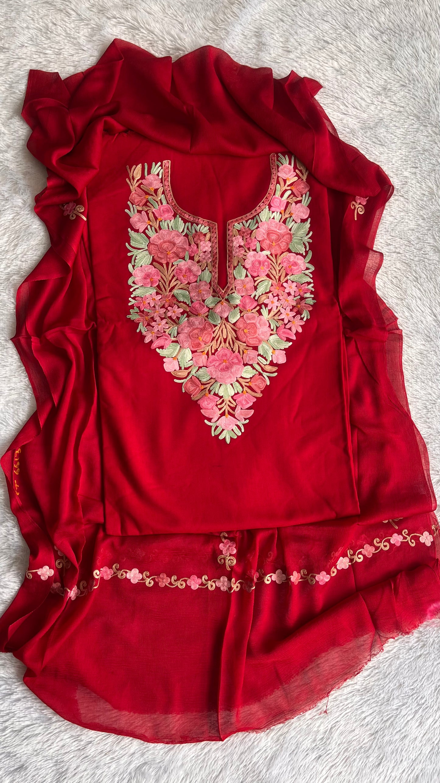 Ravishing Red with Multicoloured work Muslin Cotton Kashmiri Aari Embroidered 3pc Suit Set