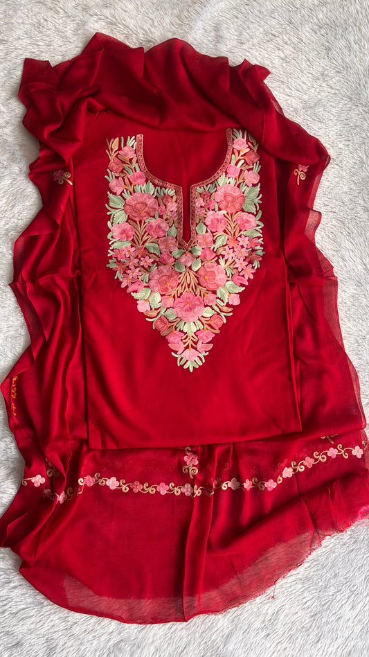 Ravishing Red with Multicoloured work Muslin Cotton Kashmiri Aari Embroidered 3pc Suit Set