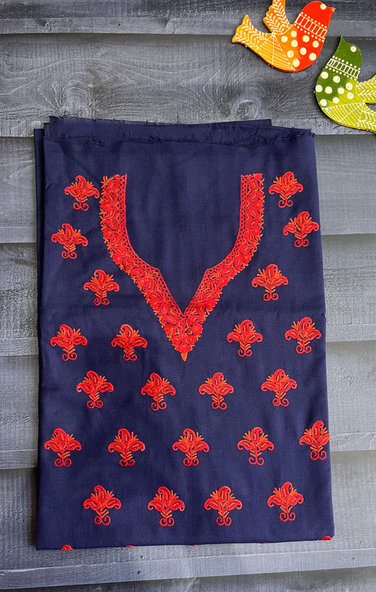 Navy Blue and Red Pure Cotton Kashmiri Aari Embroidered Co Ord 2 pc Set