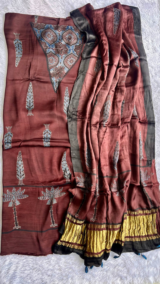 Rasin Asopallav and Palm Motif Modal Silk Ajrakh Hand Block Print 2pc Suit Material Set with Lagdi Patti Dupatta