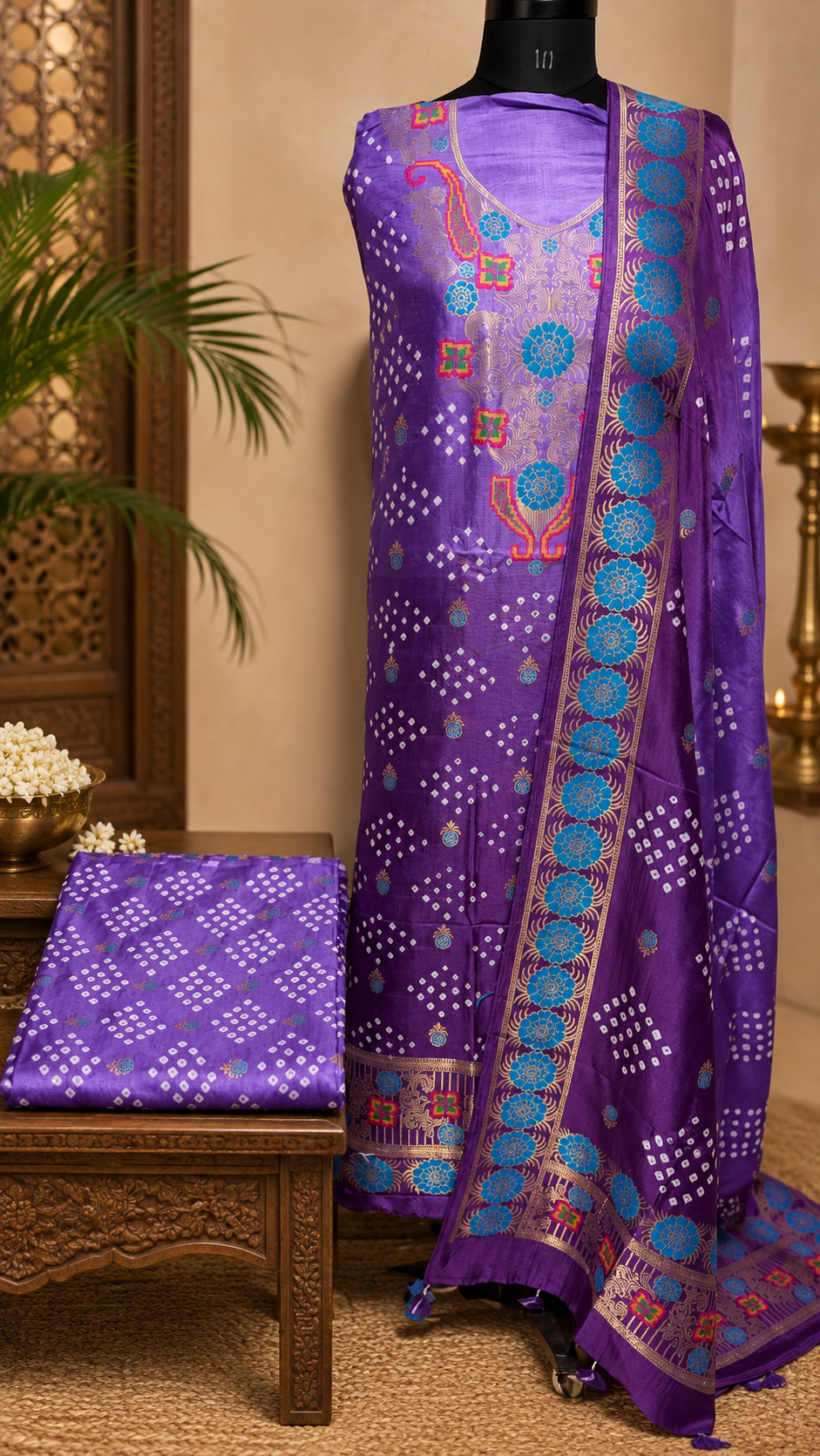 Purple Double Shade Bandhej Dola Silk Suit with Zari and Meenakari Nakkashi -3 Pc