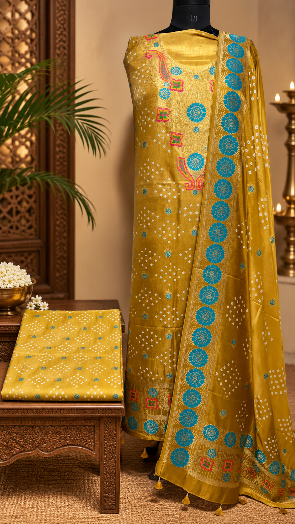Mustard Double Shade Bandhej Dola Silk Suit with Zari and Meenakari Nakkashi -3 Pc