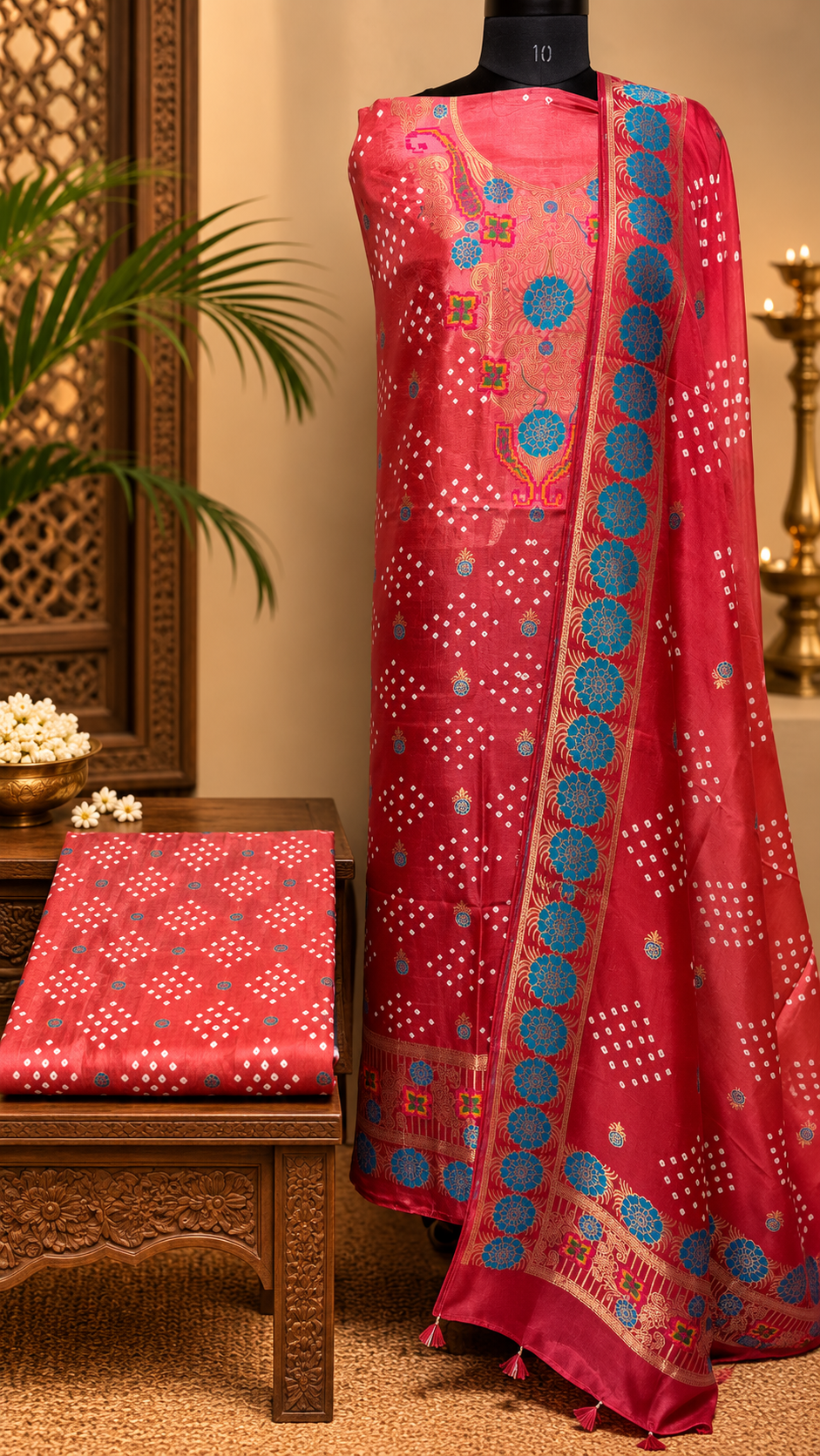 Red Double Shade Bandhej Dola Silk Suit with Zari and Meenakari Nakkashi -3 Pc