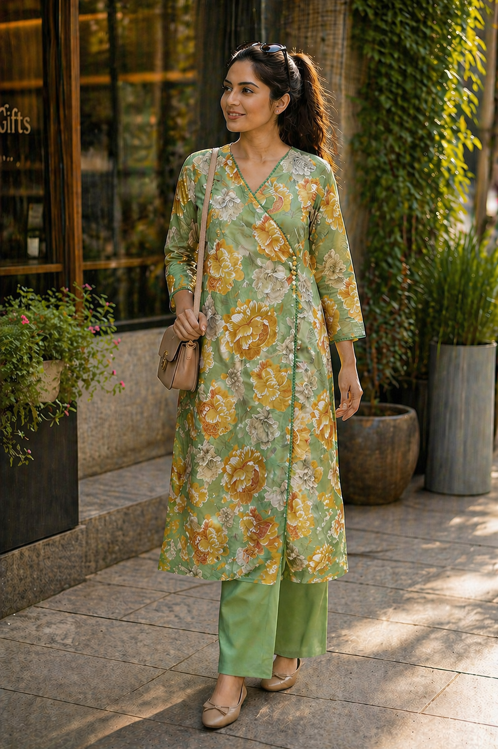 Floral Green Pure Cotton Angrakha with Bottom